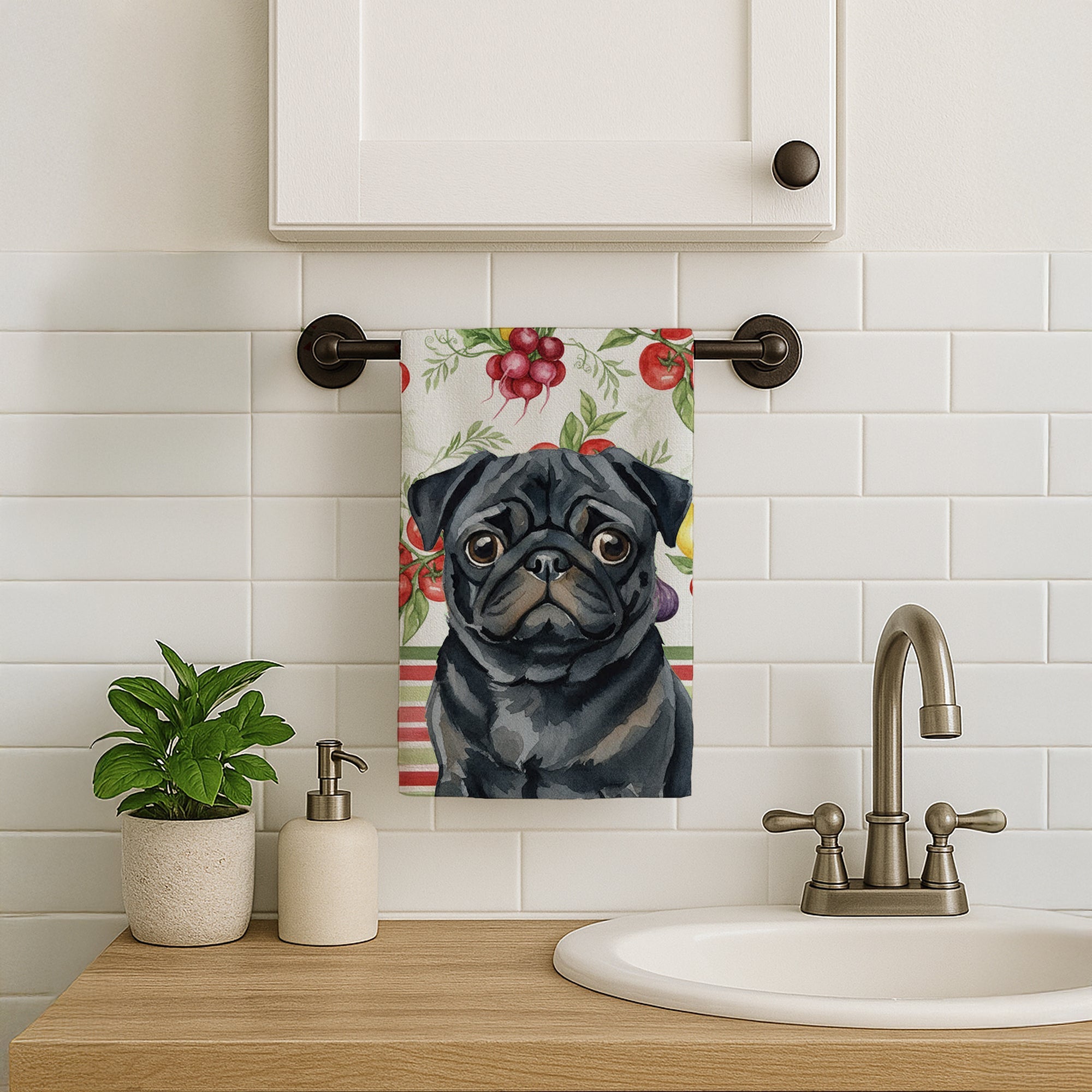 Black Pug Vegetables Kitchen Towel Velour Plush Front and Cotton Loop Back Machine Washable