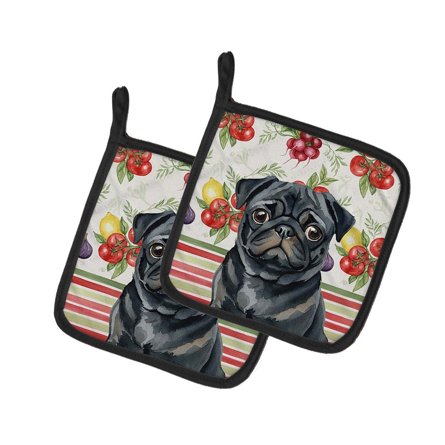 Black Pug Vegetables Pot Holder Set of 2 Heat Resistant Quilted Hot Pads 7.5 x 7.5 Inch, Insulated Kitchen Trivets for Cooking & Baking