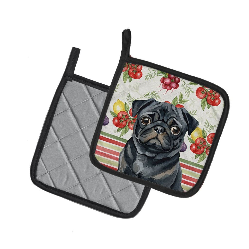 Black Pug Vegetables Pot Holder Set of 2 Heat Resistant Quilted Hot Pads 7.5 x 7.5 Inch, Insulated Kitchen Trivets for Cooking & Baking