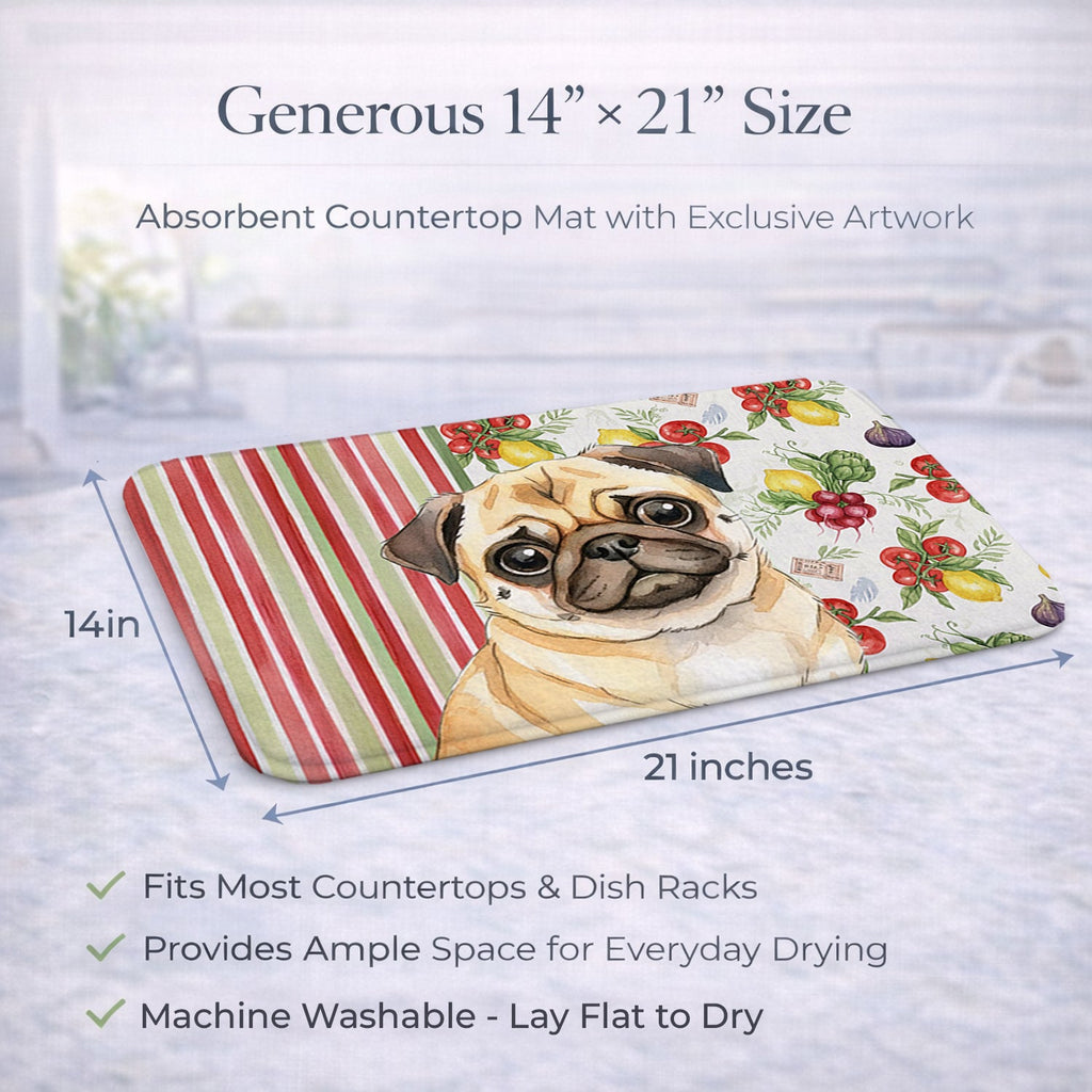 Fawn Pug Vegetables Dish Drying Mat Absorbent Dish Drying Mat Pad for Kitchen Counter Dish Drainer Mat for Countertop, 14 x 21", Multicolor