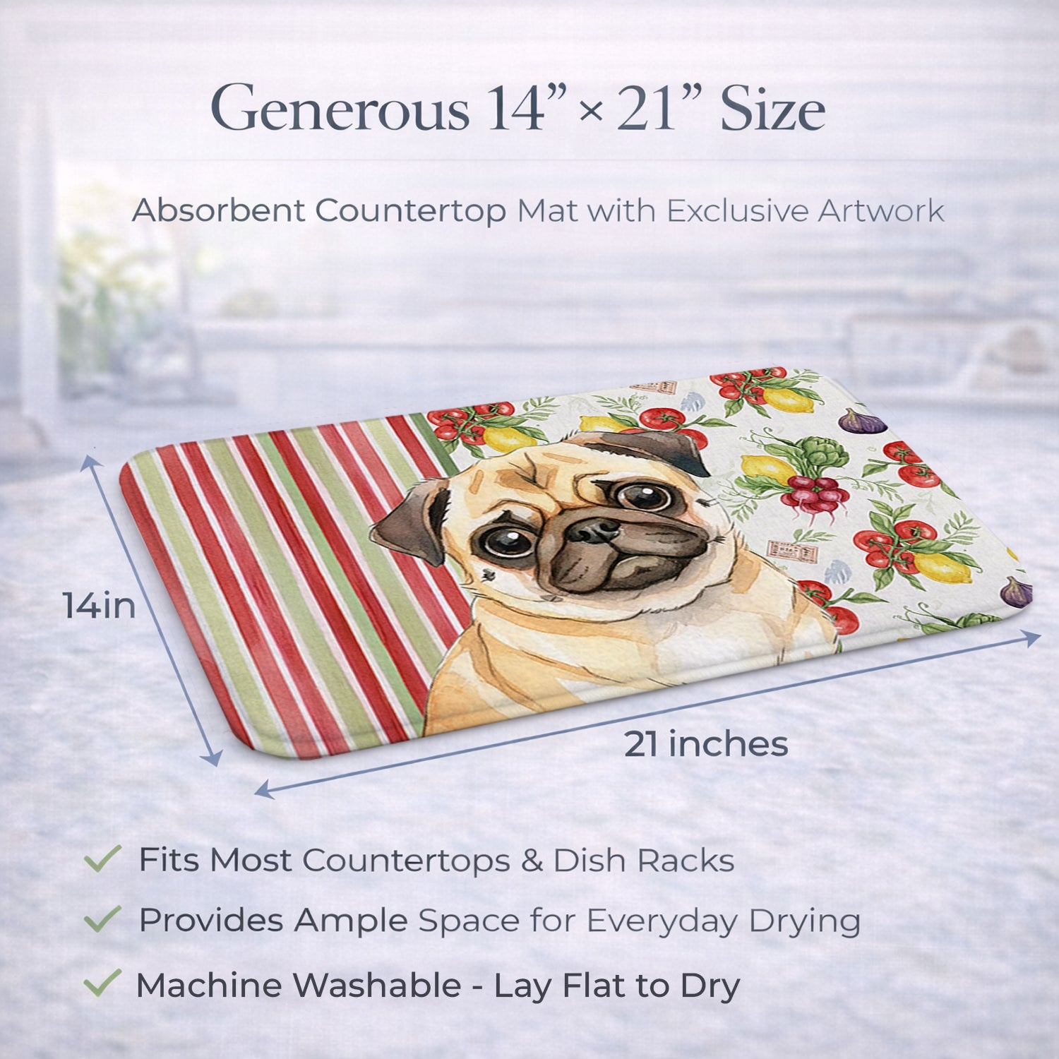 Fawn Pug Vegetables Dish Drying Mat Absorbent Dish Drying Mat Pad for Kitchen Counter Dish Drainer Mat for Countertop, 14 x 21", Multicolor