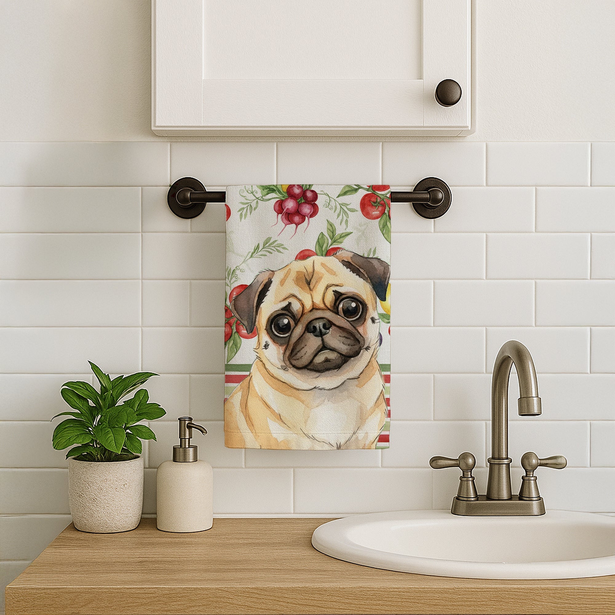 Fawn Pug Vegetables Kitchen Towel Velour Plush Front and Cotton Loop Back Machine Washable