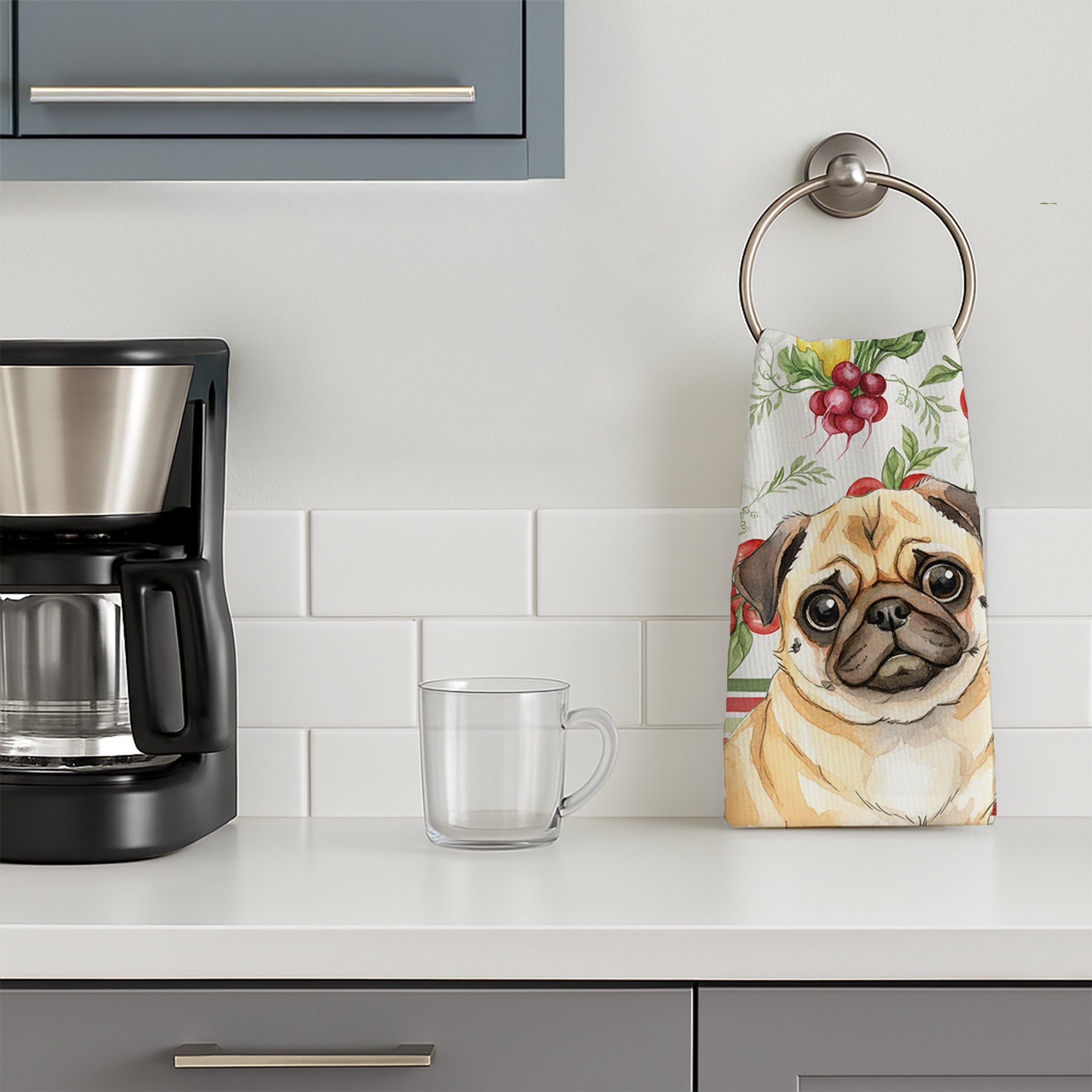 Fawn Pug Vegetables Kitchen Towel Velour Plush Front and Cotton Loop Back Machine Washable