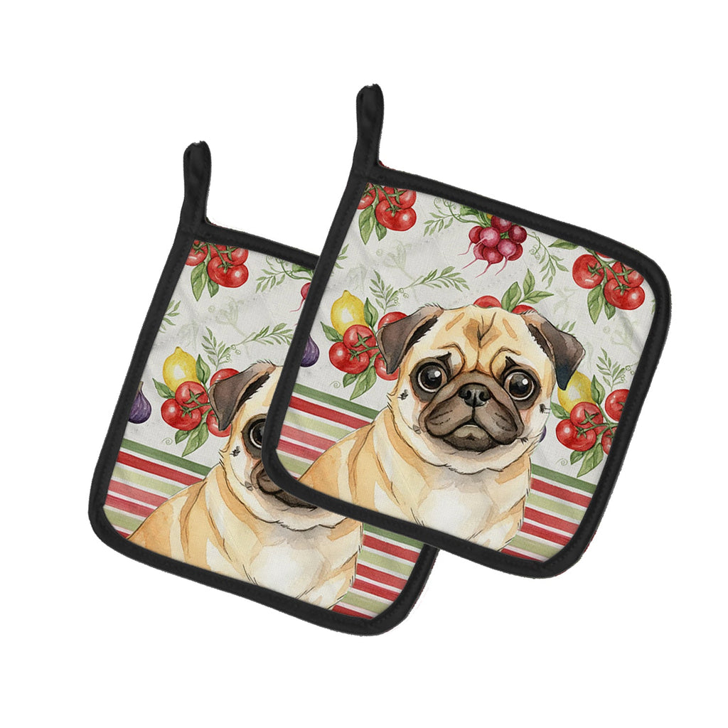 Fawn Pug Vegetables Pot Holder Set of 2 Heat Resistant Quilted Hot Pads 7.5 x 7.5 Inch, Insulated Kitchen Trivets for Cooking & Baking