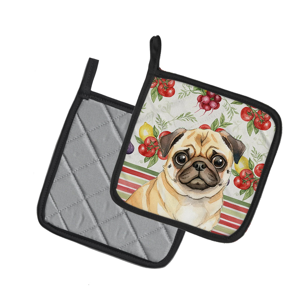 Fawn Pug Vegetables Pot Holder Set of 2 Heat Resistant Quilted Hot Pads 7.5 x 7.5 Inch, Insulated Kitchen Trivets for Cooking & Baking