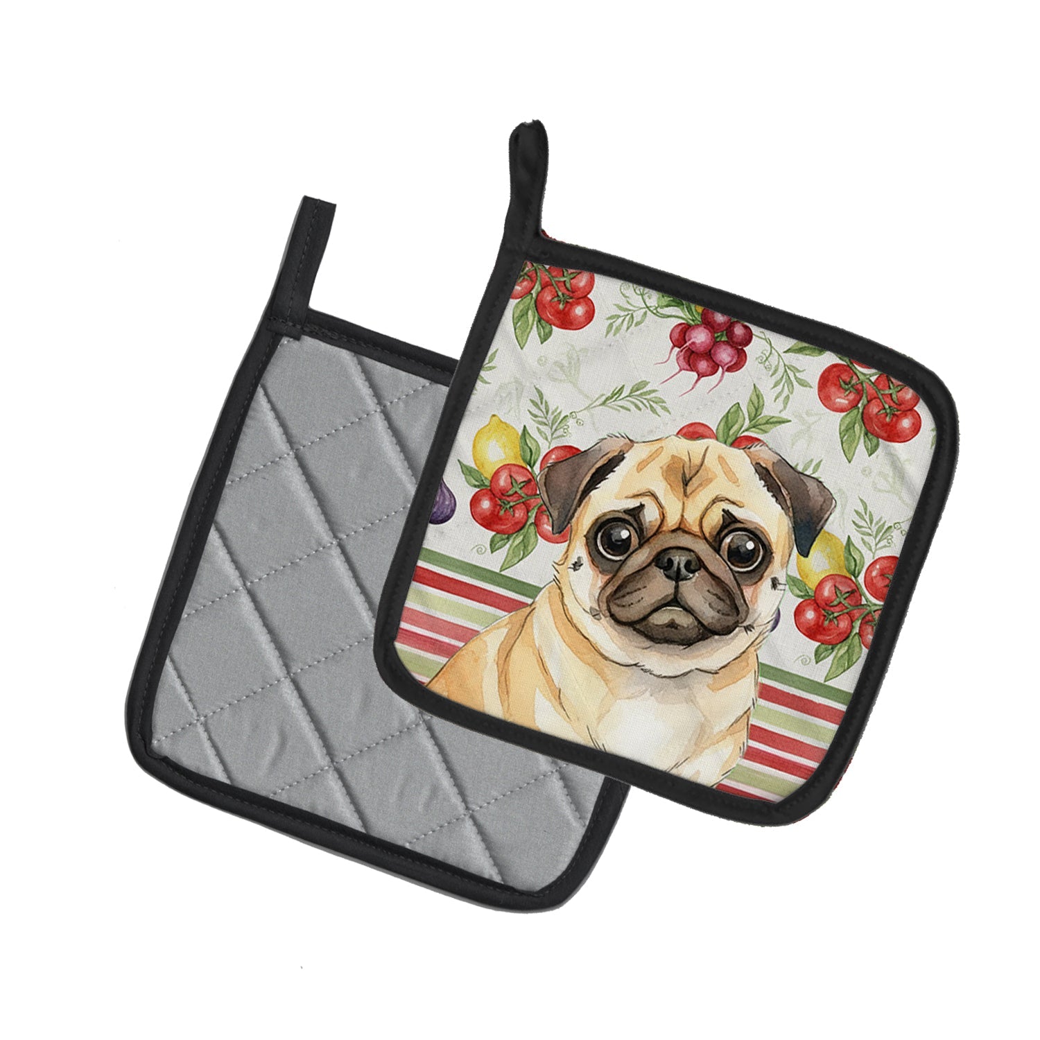 Fawn Pug Vegetables Pot Holder Set of 2 Heat Resistant Quilted Hot Pads 7.5 x 7.5 Inch, Insulated Kitchen Trivets for Cooking & Baking