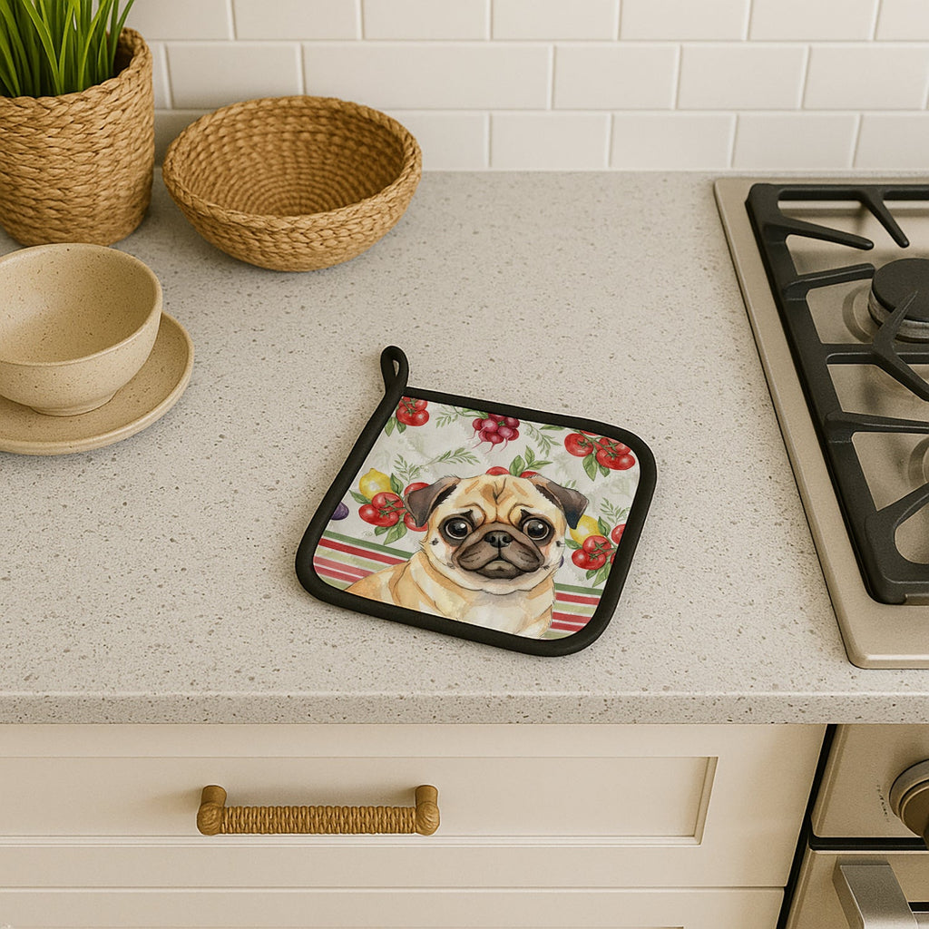 Fawn Pug Vegetables Pot Holder Set of 2 Heat Resistant Quilted Hot Pads 7.5 x 7.5 Inch, Insulated Kitchen Trivets for Cooking & Baking