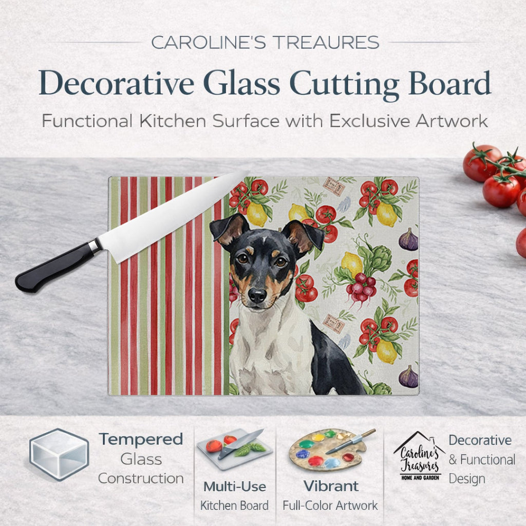 Black and White Rat Terrier Vegetables Cutting Board Tempered Glass Kitchen Cutting Surface, Heat Resistant Chopping, Non-Slip Feet, Food Prep & Serving