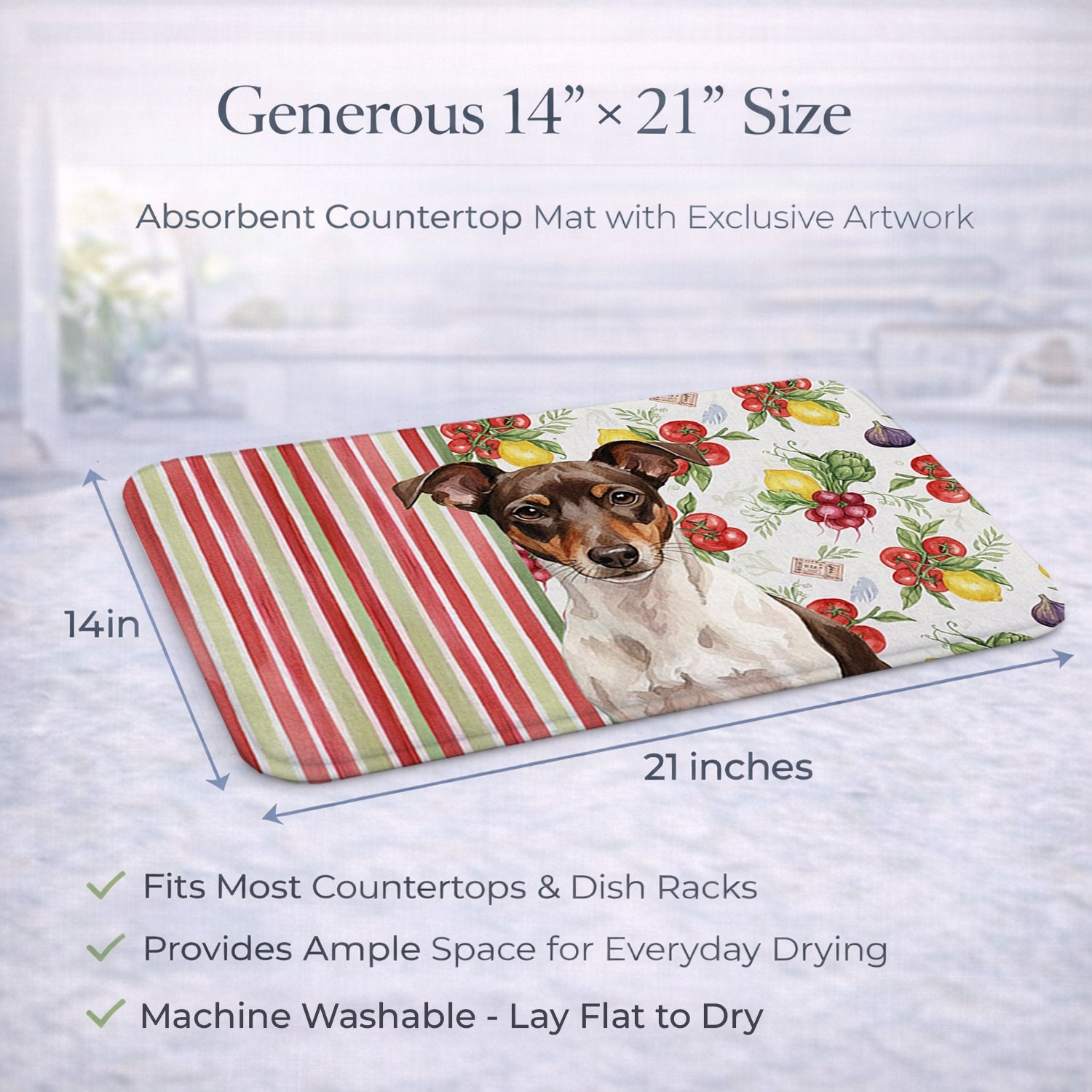 Chocolate and White Rat Terrier Vegetables Dish Drying Mat Absorbent Dish Drying Mat Pad for Kitchen Counter Dish Drainer Mat for Countertop, 14 x 21", Multicolor