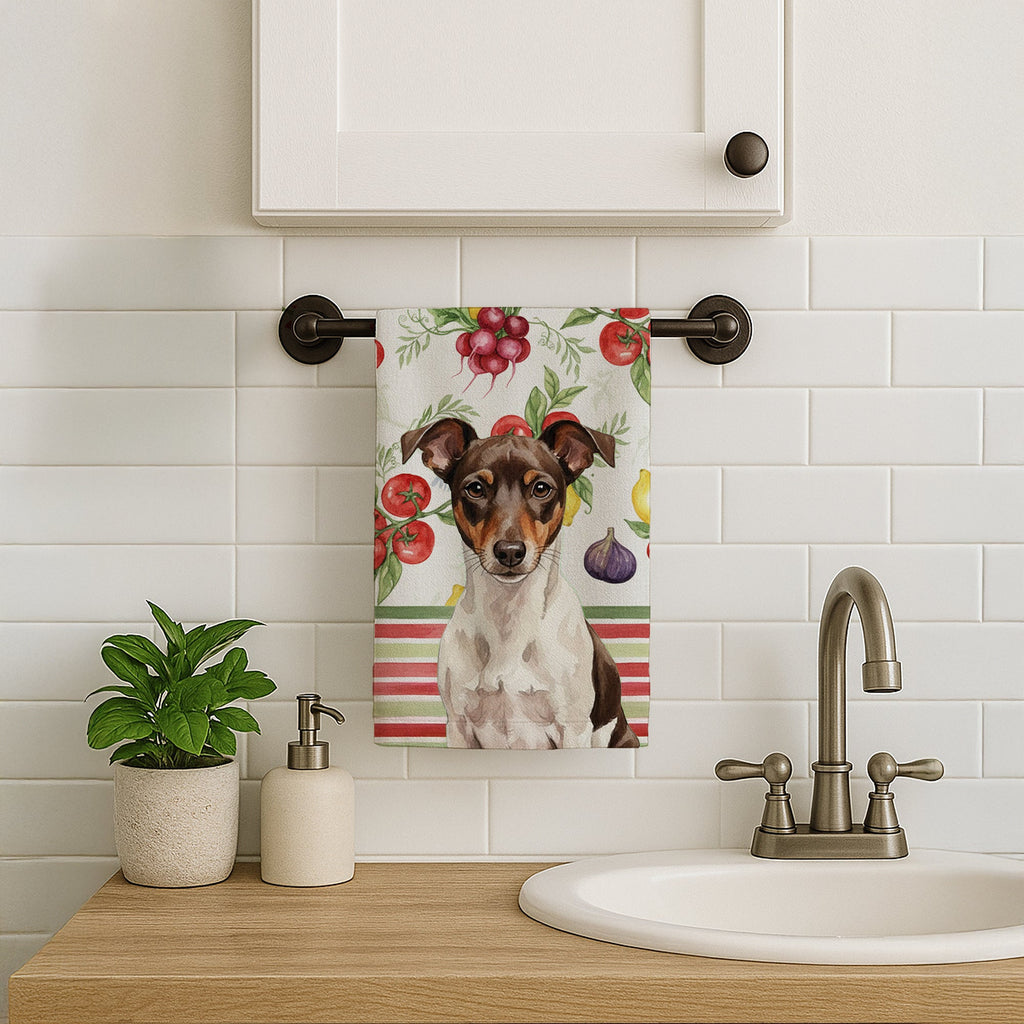 Chocolate and White Rat Terrier Vegetables Kitchen Towel Velour Plush Front and Cotton Loop Back Machine Washable
