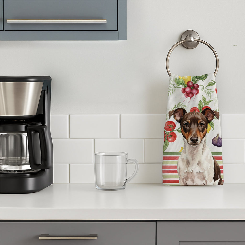 Chocolate and White Rat Terrier Vegetables Kitchen Towel Velour Plush Front and Cotton Loop Back Machine Washable