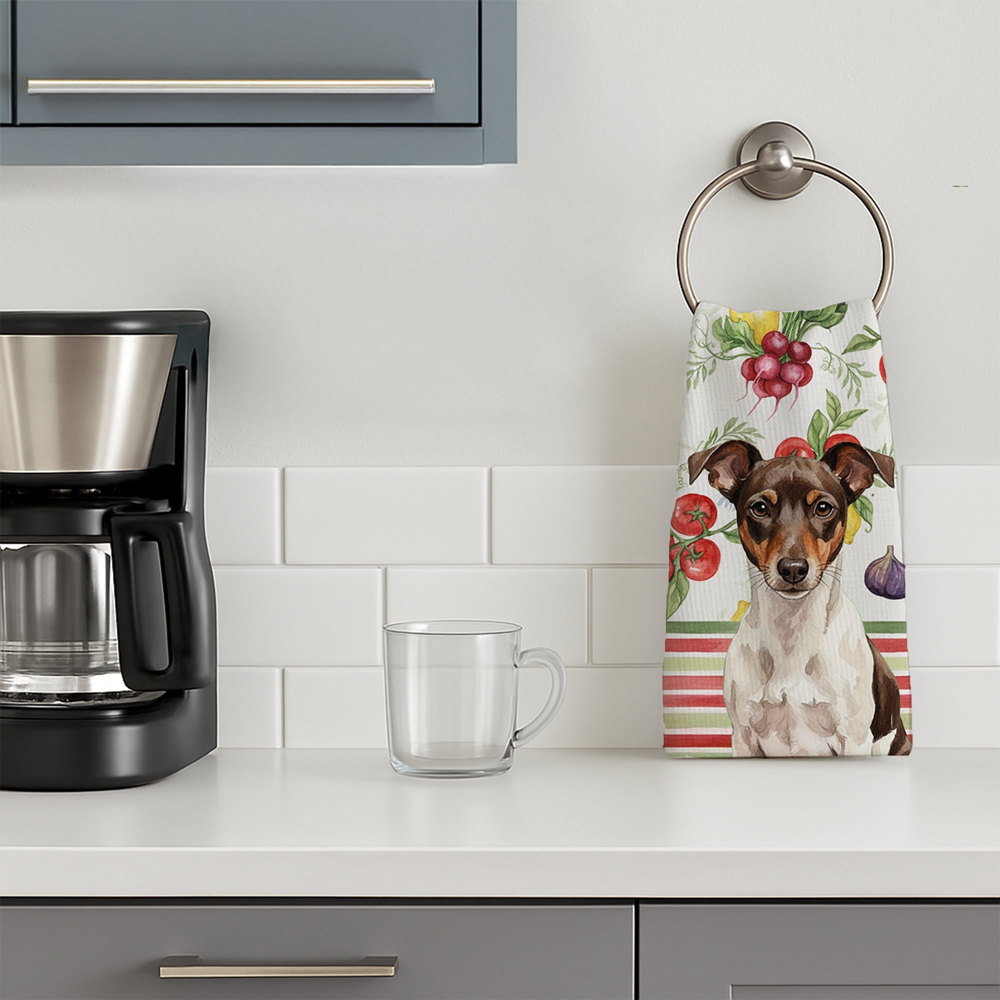 Chocolate and White Rat Terrier Vegetables Kitchen Towel Velour Plush Front and Cotton Loop Back Machine Washable