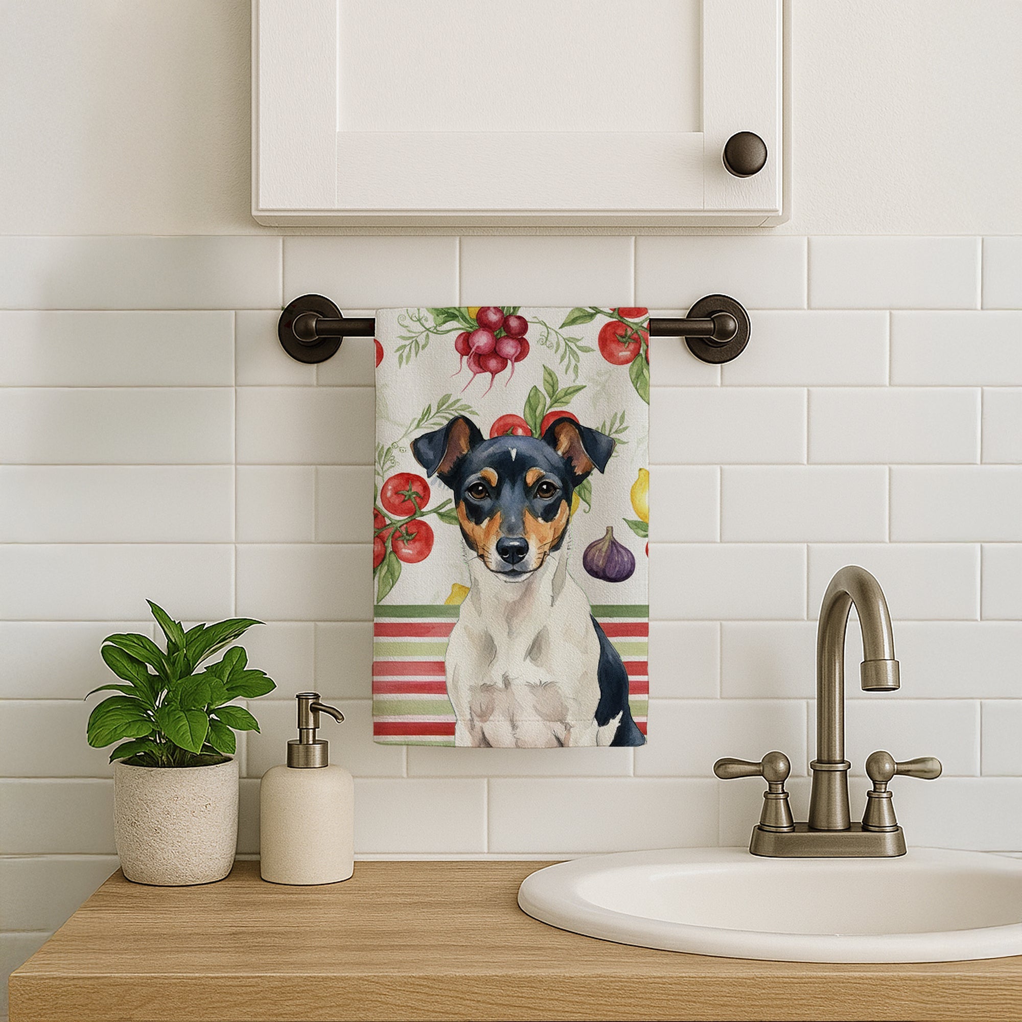 Tricolor Rat Terrier Vegetables Kitchen Towel Velour Plush Front and Cotton Loop Back Machine Washable