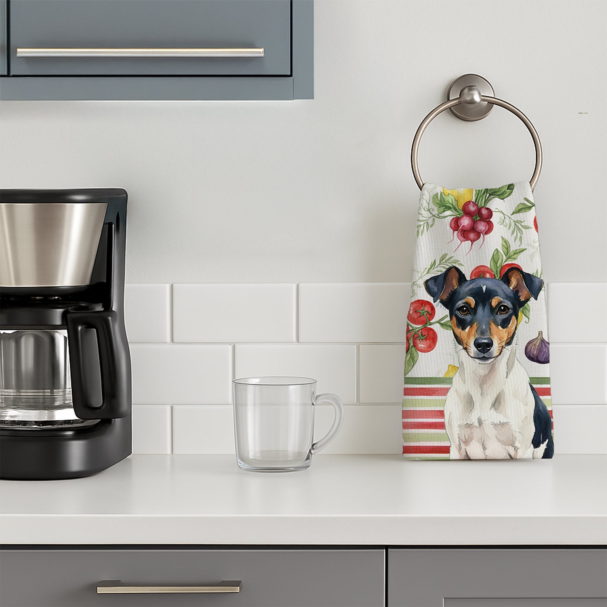 Tricolor Rat Terrier Vegetables Kitchen Towel Velour Plush Front and Cotton Loop Back Machine Washable