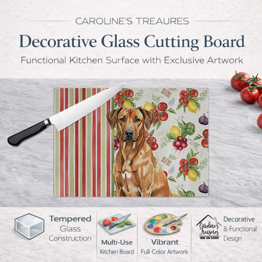 Rhodesian Ridgeback Vegetables Cutting Board Tempered Glass Kitchen Cutting Surface, Heat Resistant Chopping, Non-Slip Feet, Food Prep & Serving
