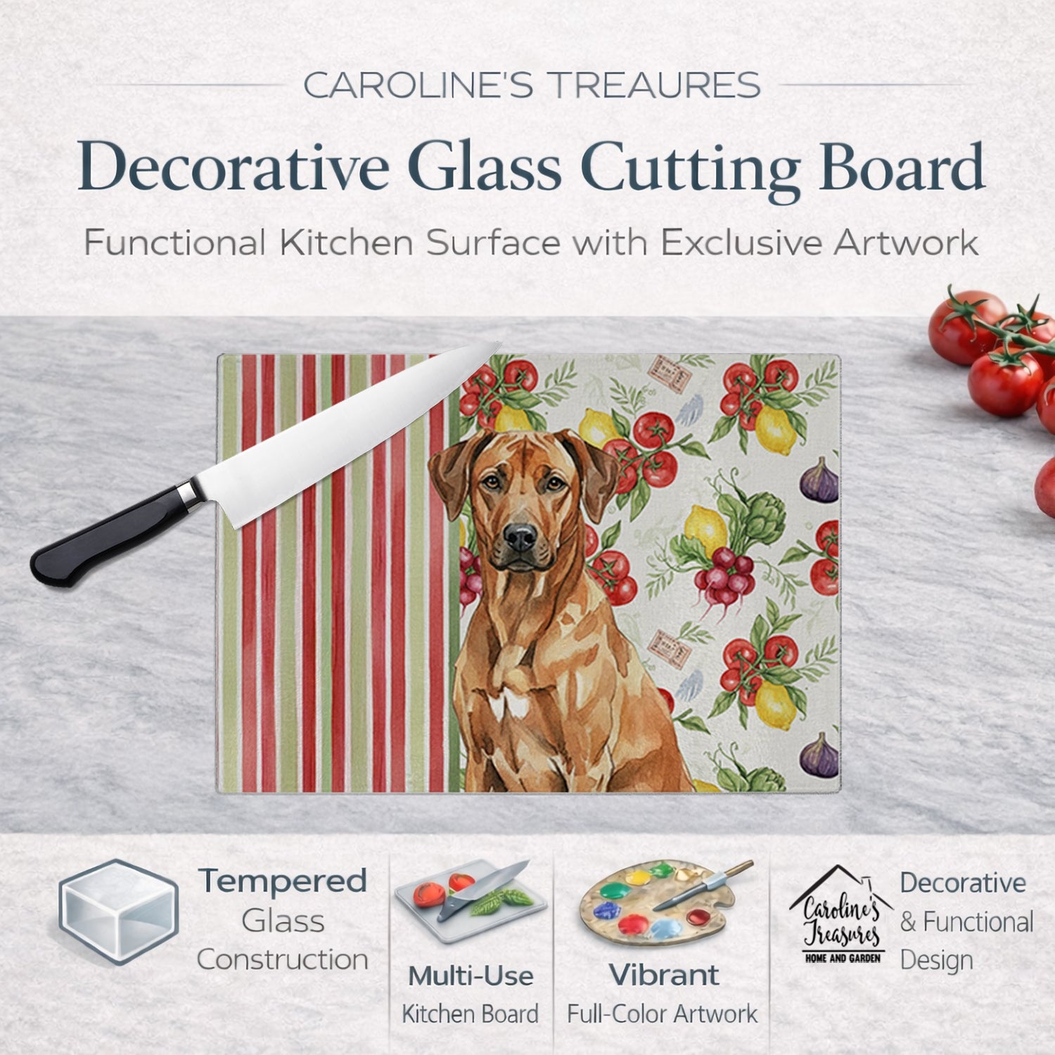 Rhodesian Ridgeback Vegetables Cutting Board Tempered Glass Kitchen Cutting Surface, Heat Resistant Chopping, Non-Slip Feet, Food Prep & Serving
