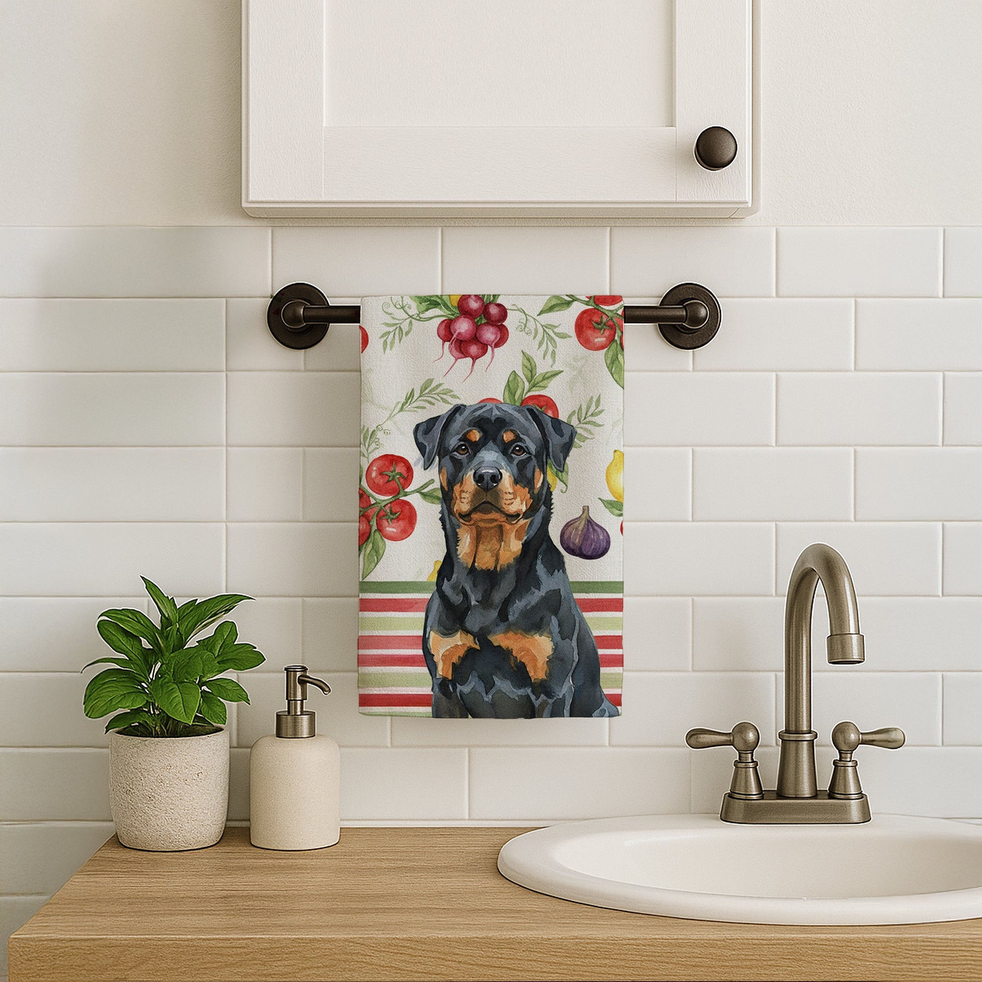 Rottweiler Vegetables Kitchen Towel Velour Plush Front and Cotton Loop Back Machine Washable