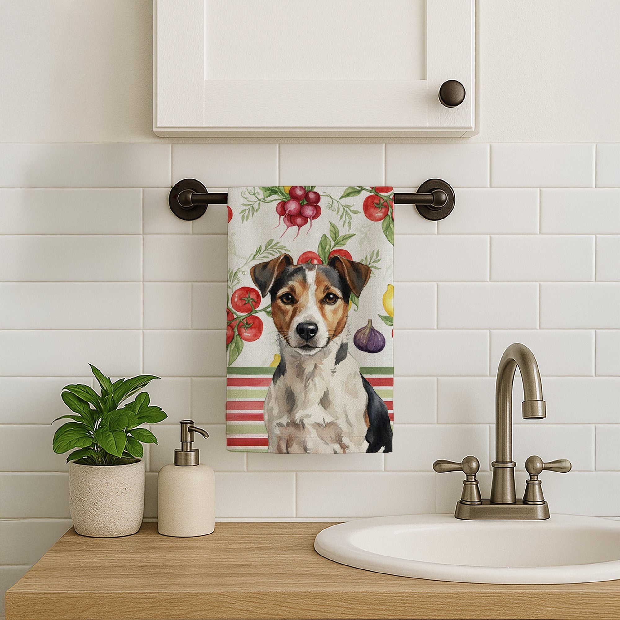 Tricolor Russell Terrier Vegetables Kitchen Towel Velour Plush Front and Cotton Loop Back Machine Washable