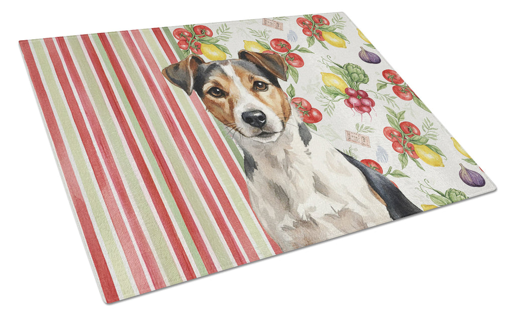Tricolor Russell Terrier Vegetables Cutting Board Tempered Glass Kitchen Cutting Surface, Heat Resistant Chopping, Non-Slip Feet, Food Prep & Serving