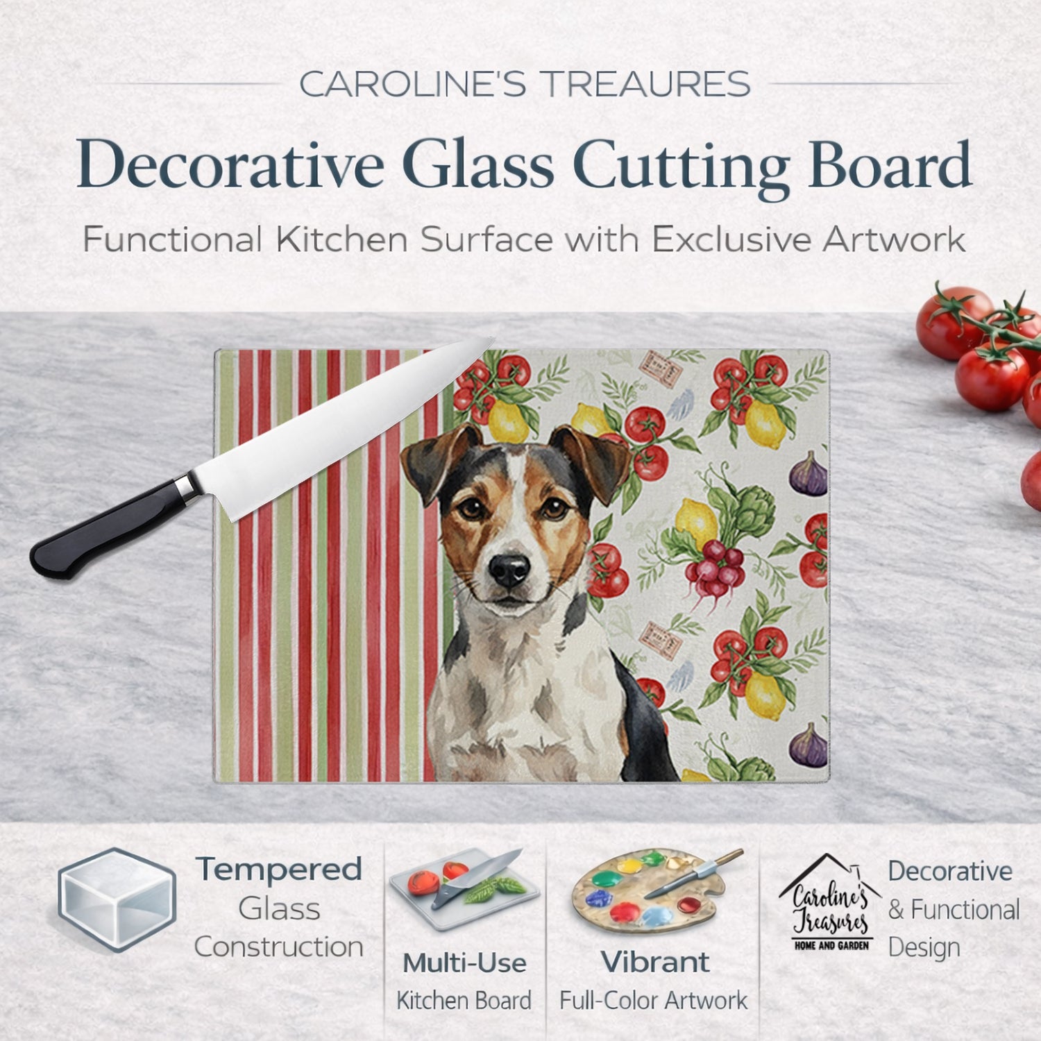 Tricolor Russell Terrier Vegetables Cutting Board Tempered Glass Kitchen Cutting Surface, Heat Resistant Chopping, Non-Slip Feet, Food Prep & Serving