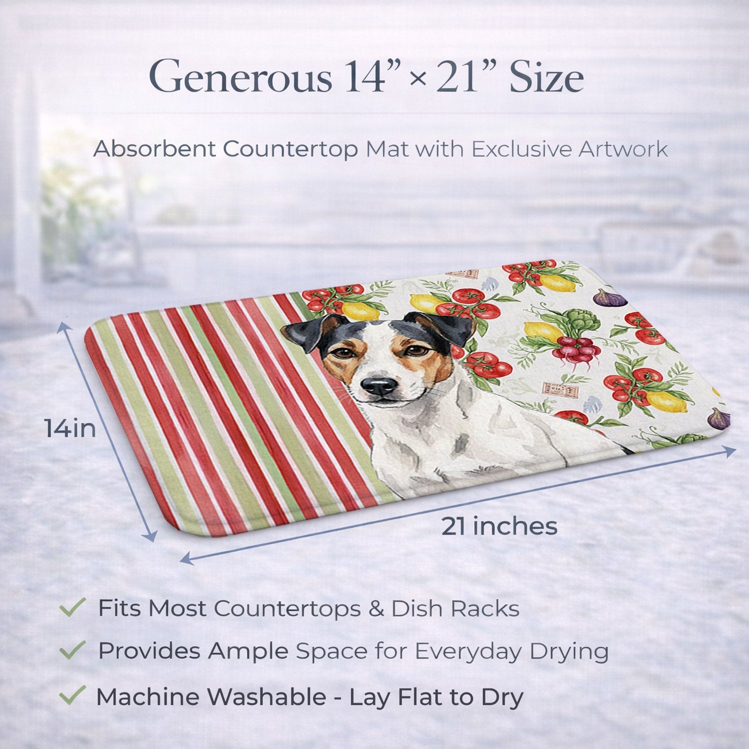 White with Black Markings Russell Terrier Vegetables Dish Drying Mat Absorbent Dish Drying Mat Pad for Kitchen Counter Dish Drainer Mat for Countertop, 14 x 21", Multicolor