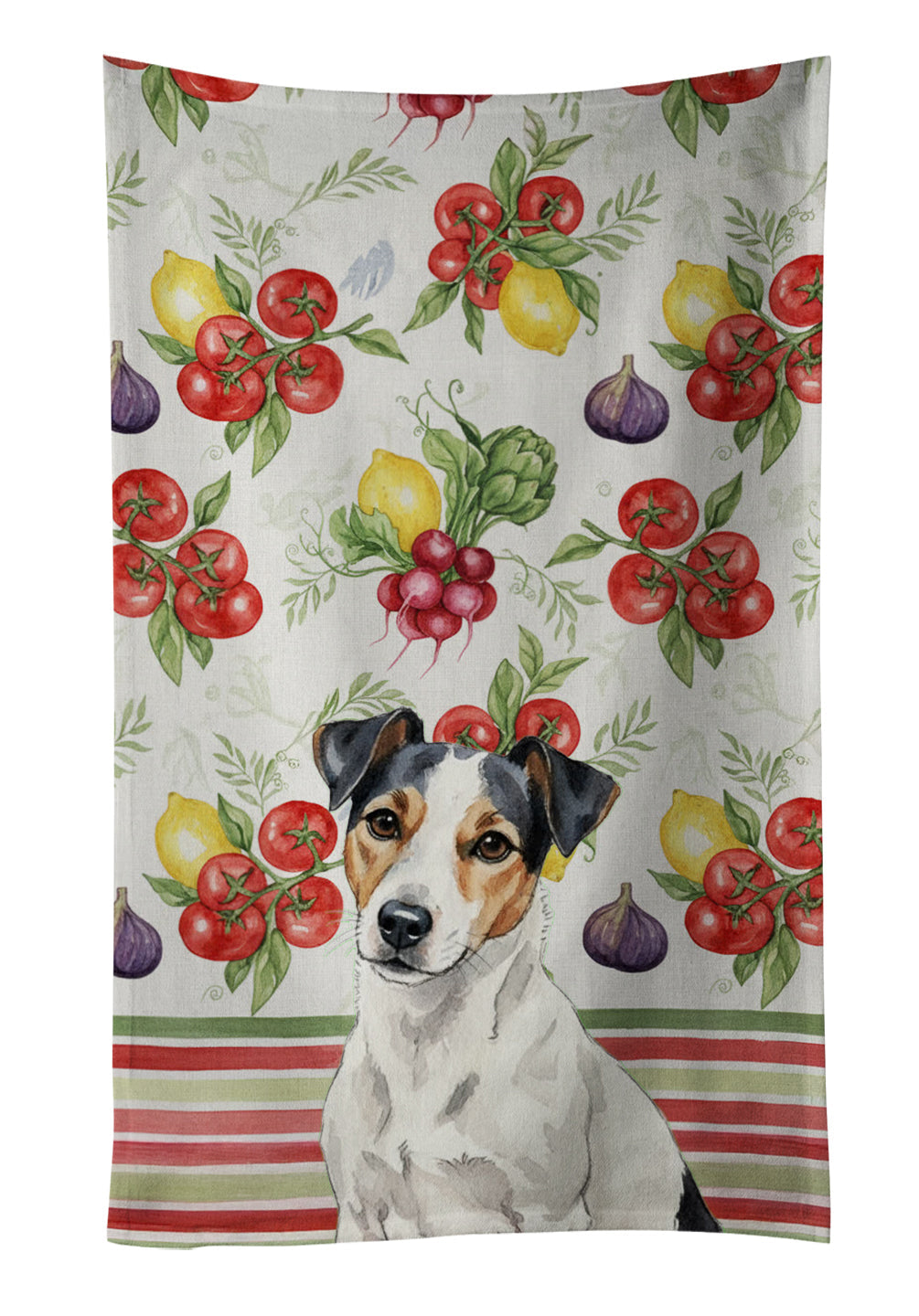 White with Black Markings Russell Terrier Vegetables Kitchen Towel Velour Plush Front and Cotton Loop Back Machine Washable
