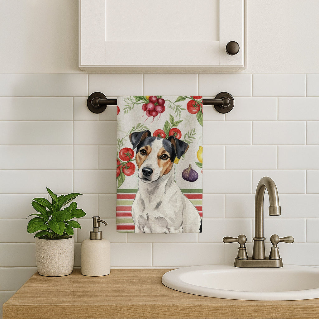 White with Black Markings Russell Terrier Vegetables Kitchen Towel Velour Plush Front and Cotton Loop Back Machine Washable