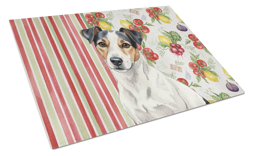 White with Black Markings Russell Terrier Vegetables Cutting Board Tempered Glass Kitchen Cutting Surface, Heat Resistant Chopping, Non-Slip Feet, Food Prep & Serving