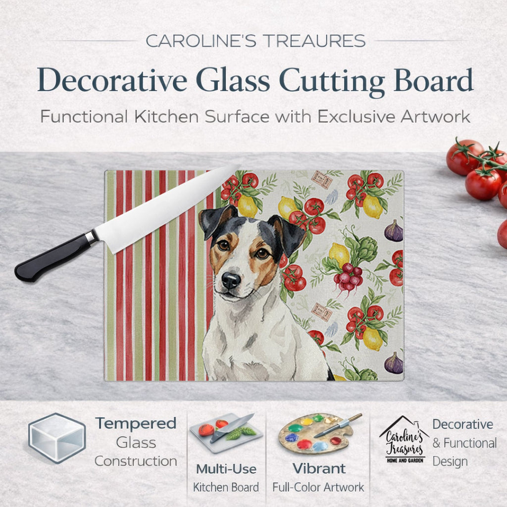 White with Black Markings Russell Terrier Vegetables Cutting Board Tempered Glass Kitchen Cutting Surface, Heat Resistant Chopping, Non-Slip Feet, Food Prep & Serving