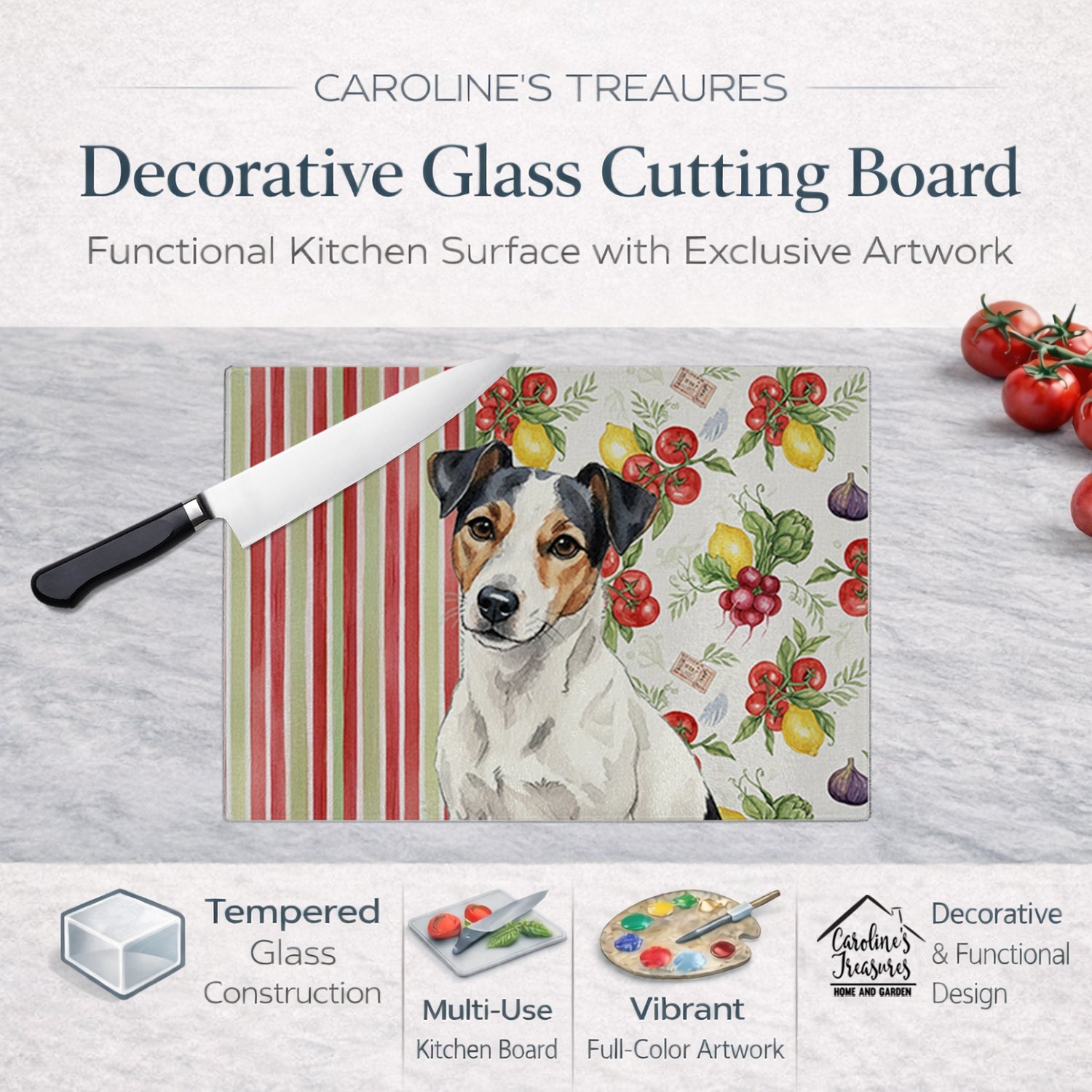 White with Black Markings Russell Terrier Vegetables Cutting Board Tempered Glass Kitchen Cutting Surface, Heat Resistant Chopping, Non-Slip Feet, Food Prep & Serving