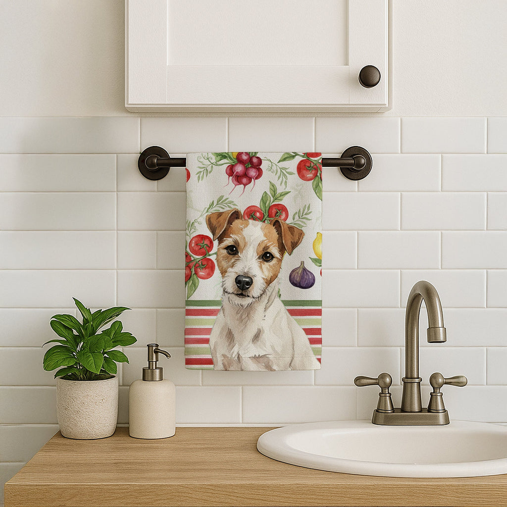 White with Tan Markings Russell Terrier Vegetables Kitchen Towel Velour Plush Front and Cotton Loop Back Machine Washable