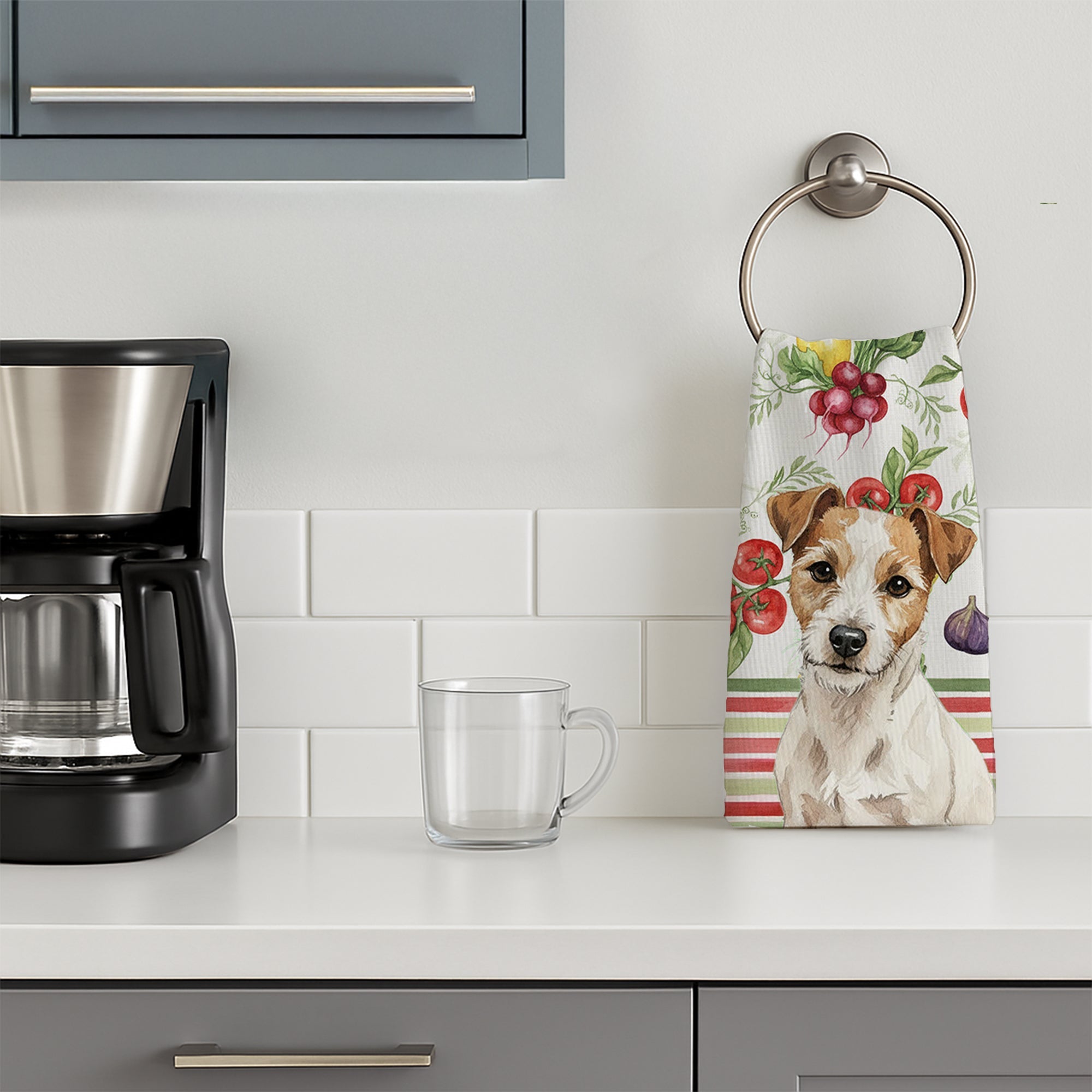 White with Tan Markings Russell Terrier Vegetables Kitchen Towel Velour Plush Front and Cotton Loop Back Machine Washable