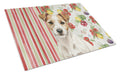 White with Tan Markings Russell Terrier Vegetables Cutting Board Tempered Glass Kitchen Cutting Surface, Heat Resistant Chopping, Non-Slip Feet, Food Prep & Serving