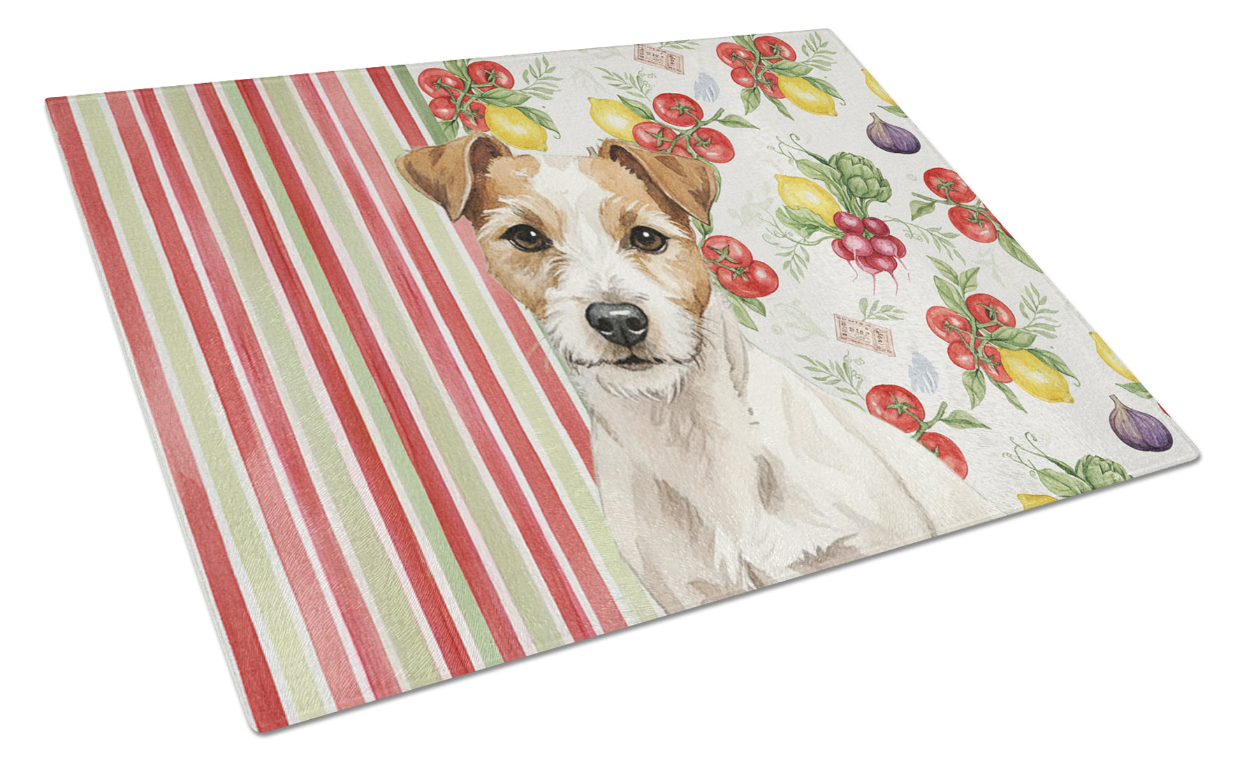 White with Tan Markings Russell Terrier Vegetables Cutting Board Tempered Glass Kitchen Cutting Surface, Heat Resistant Chopping, Non-Slip Feet, Food Prep & Serving