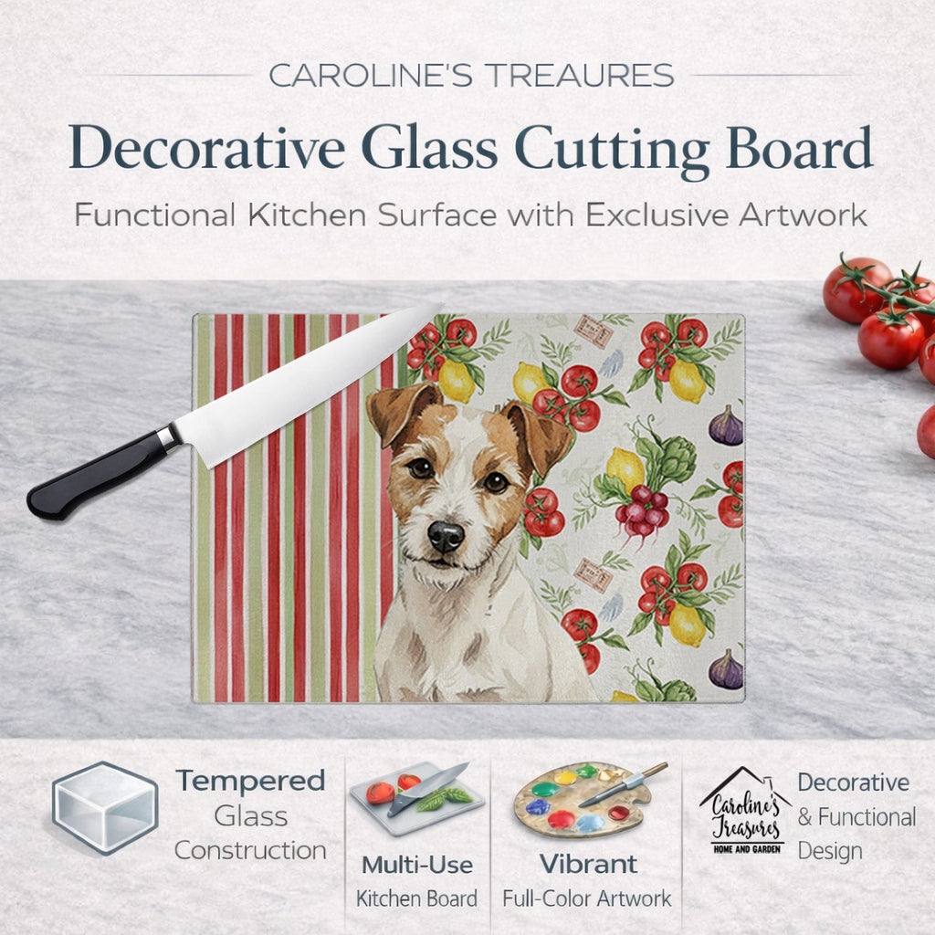 White with Tan Markings Russell Terrier Vegetables Cutting Board Tempered Glass Kitchen Cutting Surface, Heat Resistant Chopping, Non-Slip Feet, Food Prep & Serving