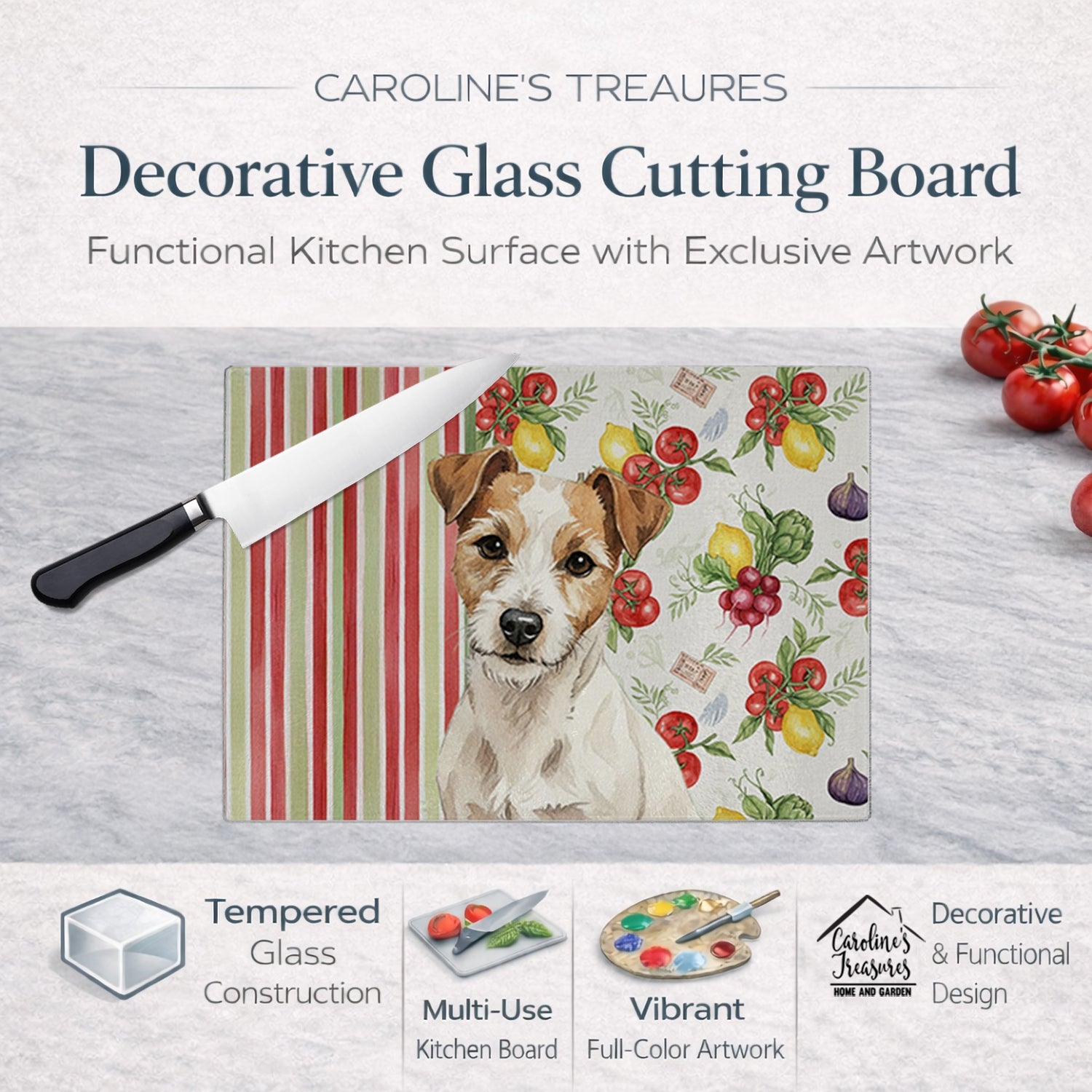 White with Tan Markings Russell Terrier Vegetables Cutting Board Tempered Glass Kitchen Cutting Surface, Heat Resistant Chopping, Non-Slip Feet, Food Prep & Serving