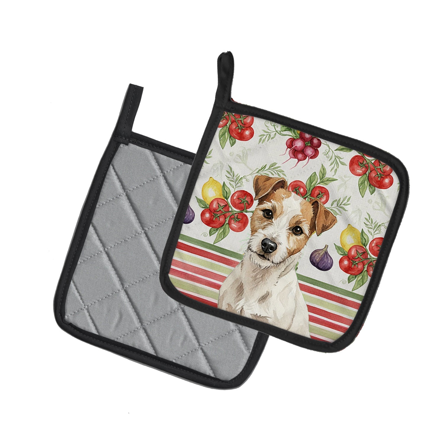 White with Tan Markings Russell Terrier Vegetables Pot Holder Set of 2 Heat Resistant Quilted Hot Pads 7.5 x 7.5 Inch, Insulated Kitchen Trivets for Cooking & Baking