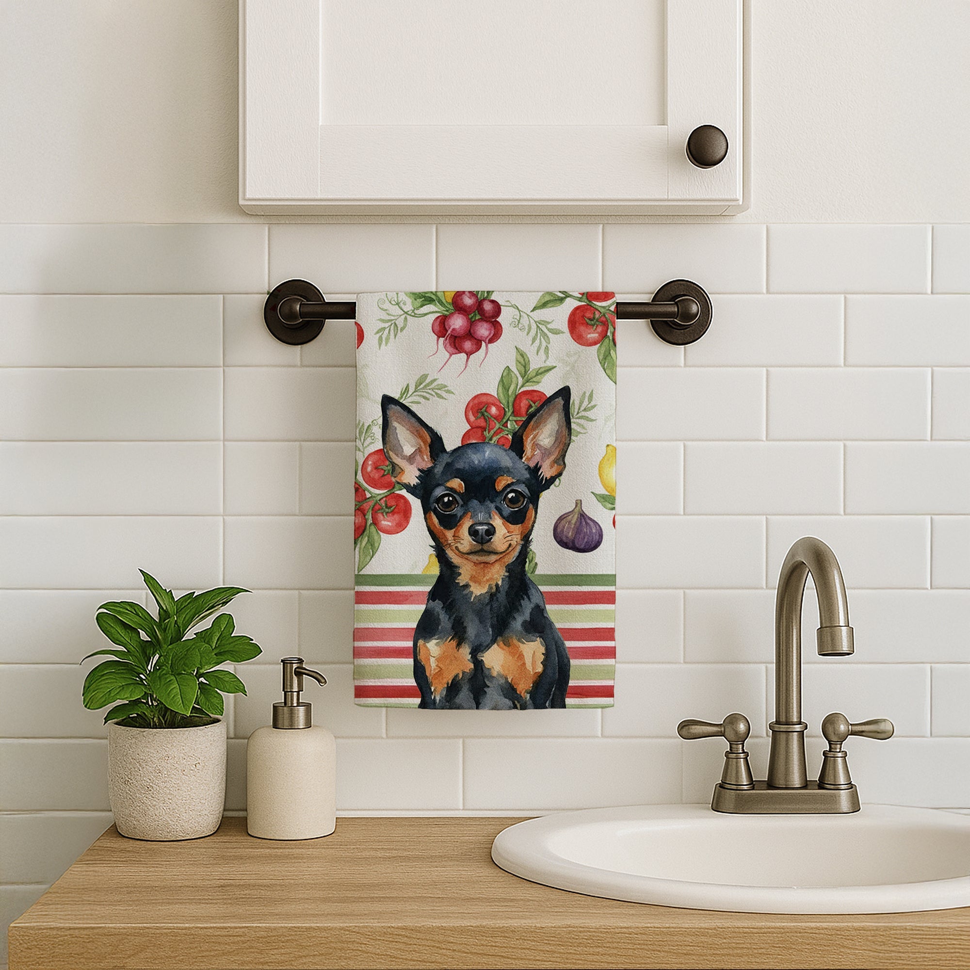 Black and Tan Russian Toy Vegetables Kitchen Towel Velour Plush Front and Cotton Loop Back Machine Washable