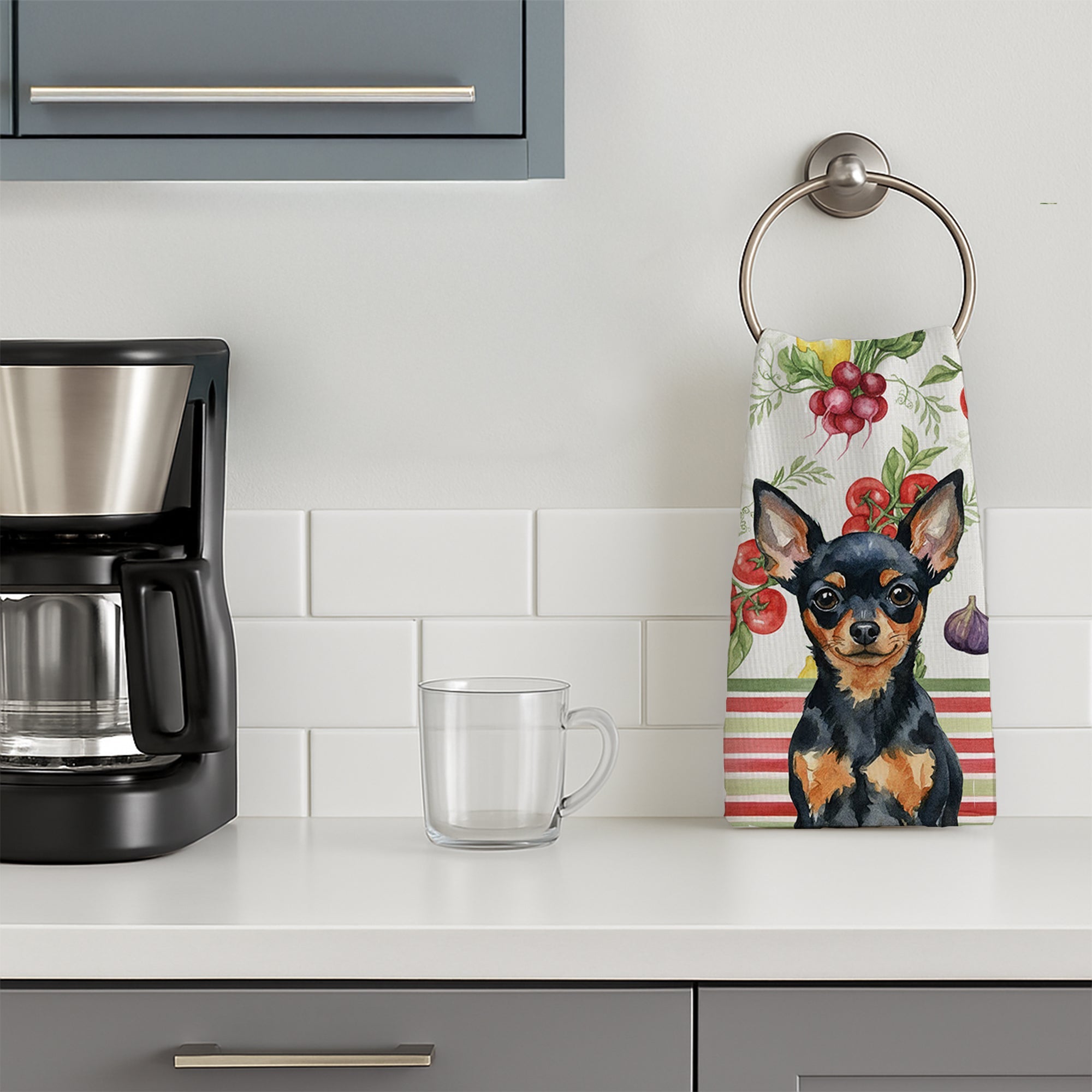 Black and Tan Russian Toy Vegetables Kitchen Towel Velour Plush Front and Cotton Loop Back Machine Washable