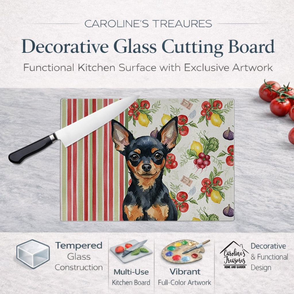 Black and Tan Russian Toy Vegetables Cutting Board Tempered Glass Kitchen Cutting Surface, Heat Resistant Chopping, Non-Slip Feet, Food Prep & Serving