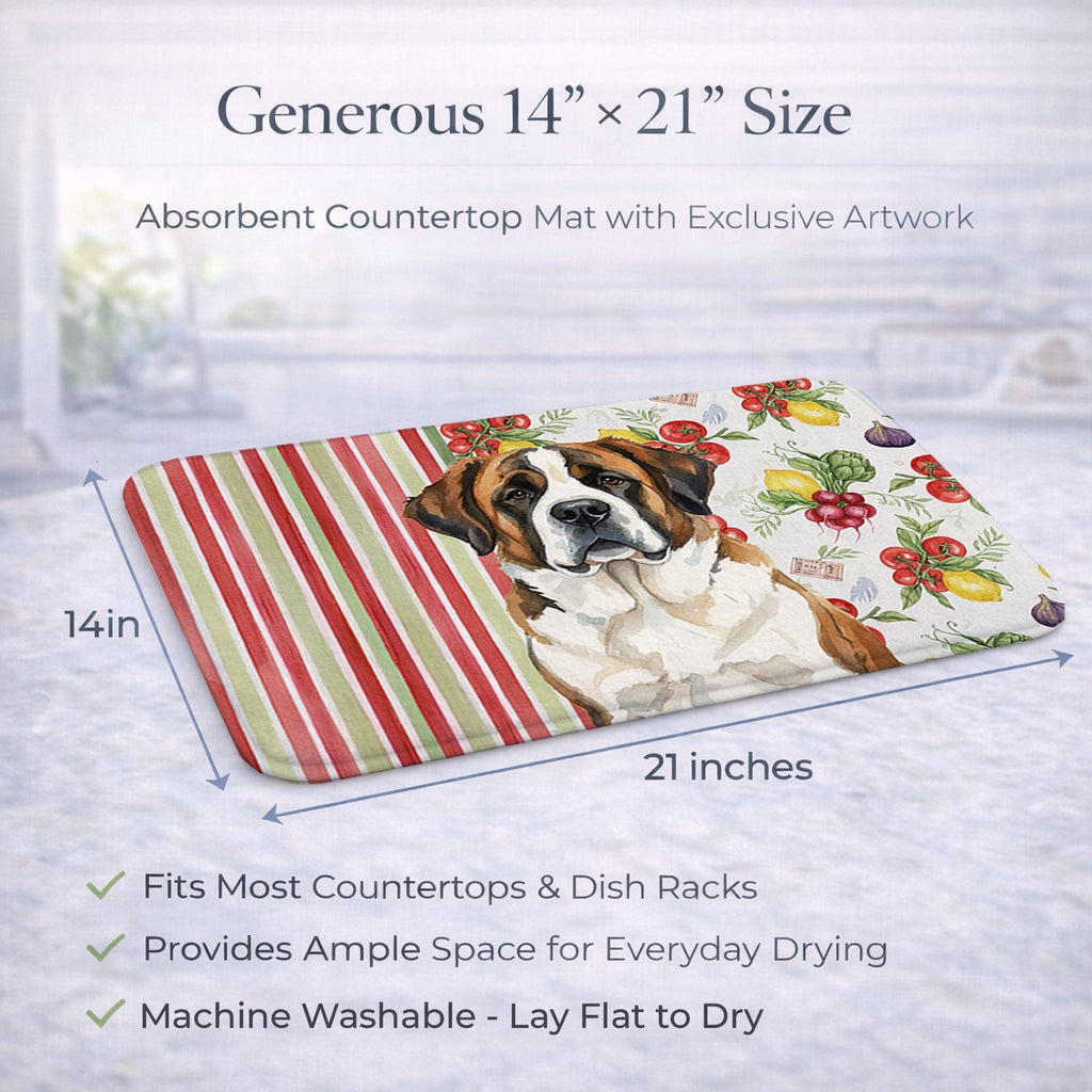 Brindle and White Saint Bernard Vegetables Dish Drying Mat Absorbent Dish Drying Mat Pad for Kitchen Counter Dish Drainer Mat for Countertop, 14 x 21", Multicolor