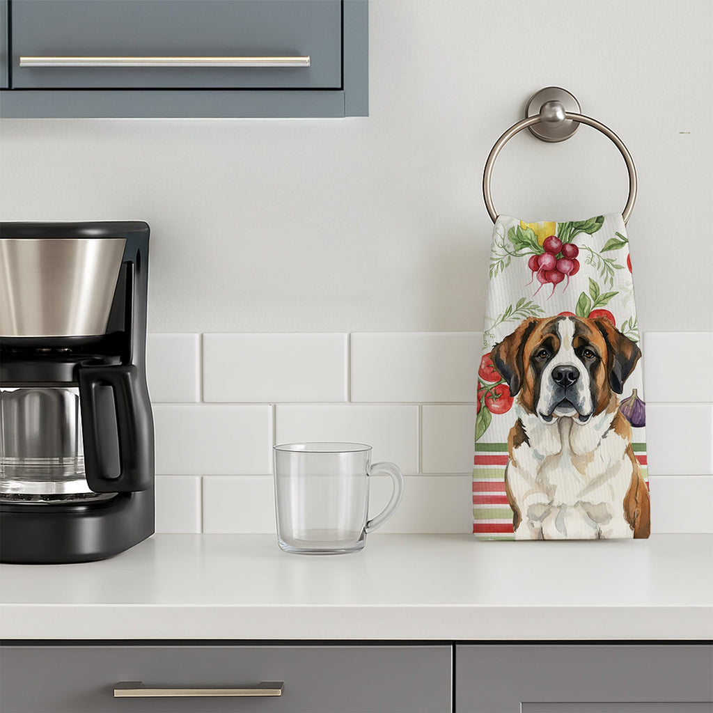 Brindle and White Saint Bernard Vegetables Kitchen Towel Velour Plush Front and Cotton Loop Back Machine Washable