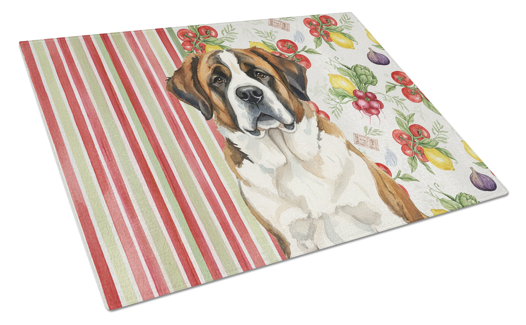 Brindle and White Saint Bernard Vegetables Cutting Board Tempered Glass Kitchen Cutting Surface, Heat Resistant Chopping, Non-Slip Feet, Food Prep & Serving