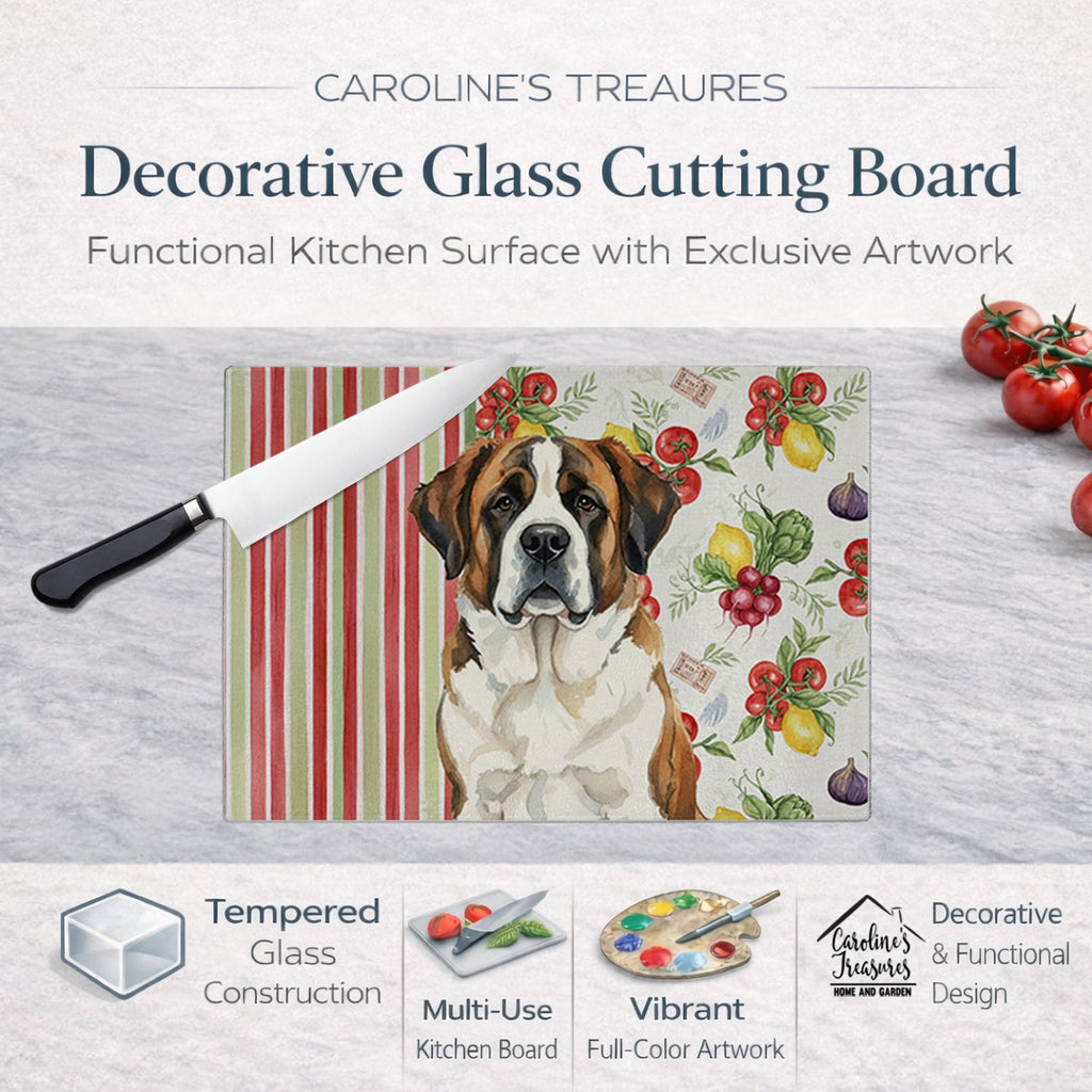 Brindle and White Saint Bernard Vegetables Cutting Board Tempered Glass Kitchen Cutting Surface, Heat Resistant Chopping, Non-Slip Feet, Food Prep & Serving