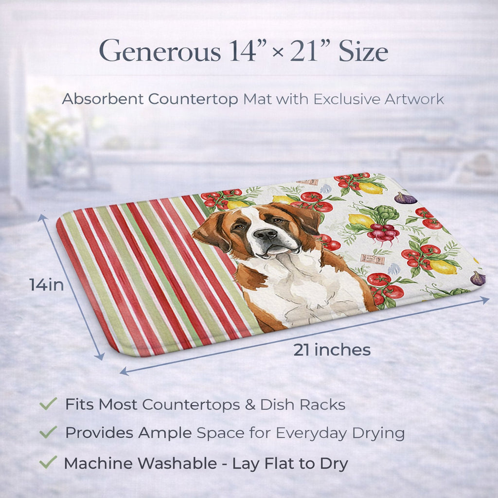 Brown and White Saint Bernard Vegetables Dish Drying Mat Absorbent Dish Drying Mat Pad for Kitchen Counter Dish Drainer Mat for Countertop, 14 x 21", Multicolor
