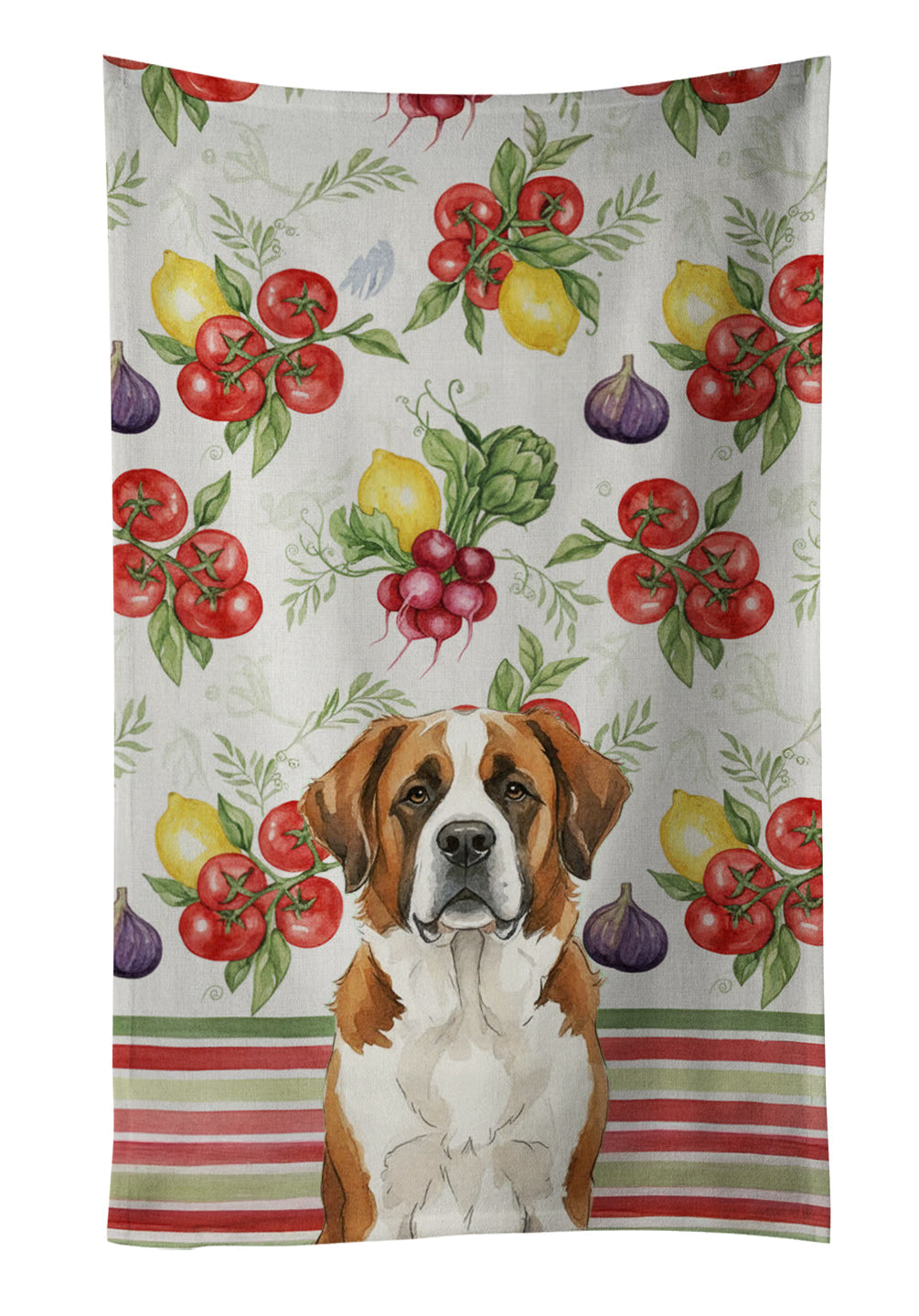 Brown and White Saint Bernard Vegetables Kitchen Towel Velour Plush Front and Cotton Loop Back Machine Washable
