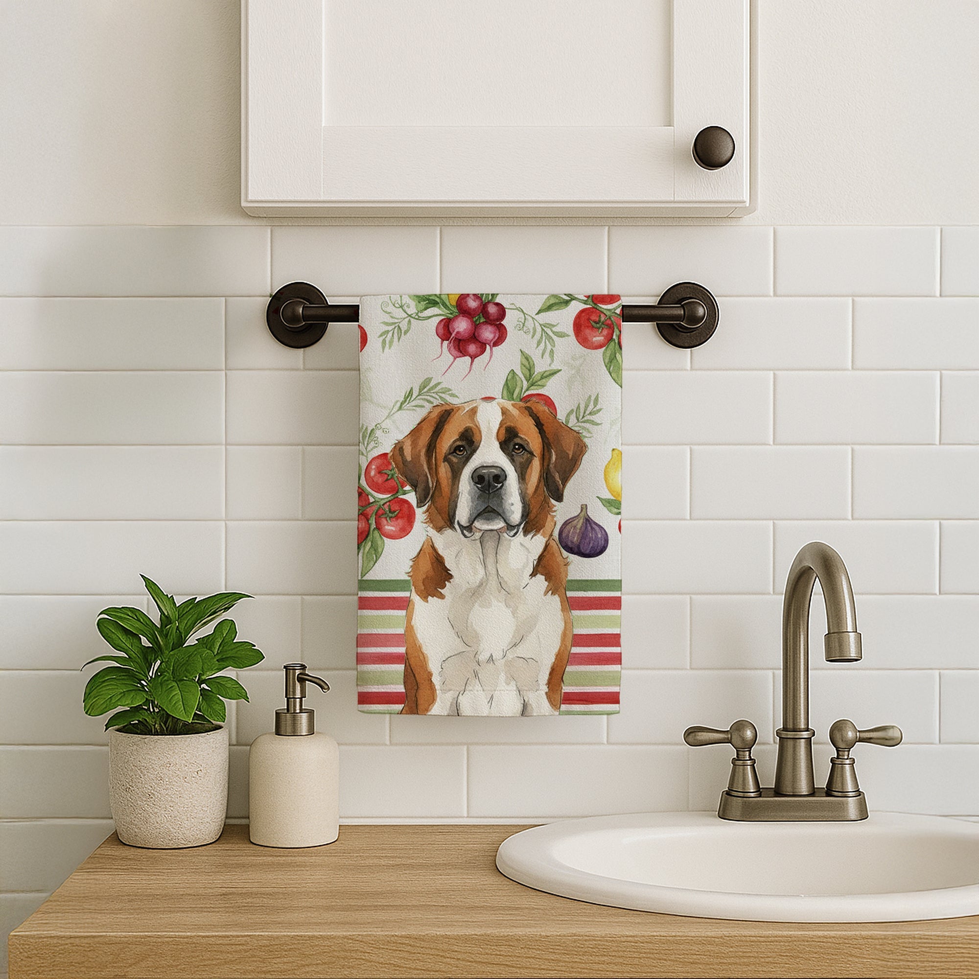 Brown and White Saint Bernard Vegetables Kitchen Towel Velour Plush Front and Cotton Loop Back Machine Washable