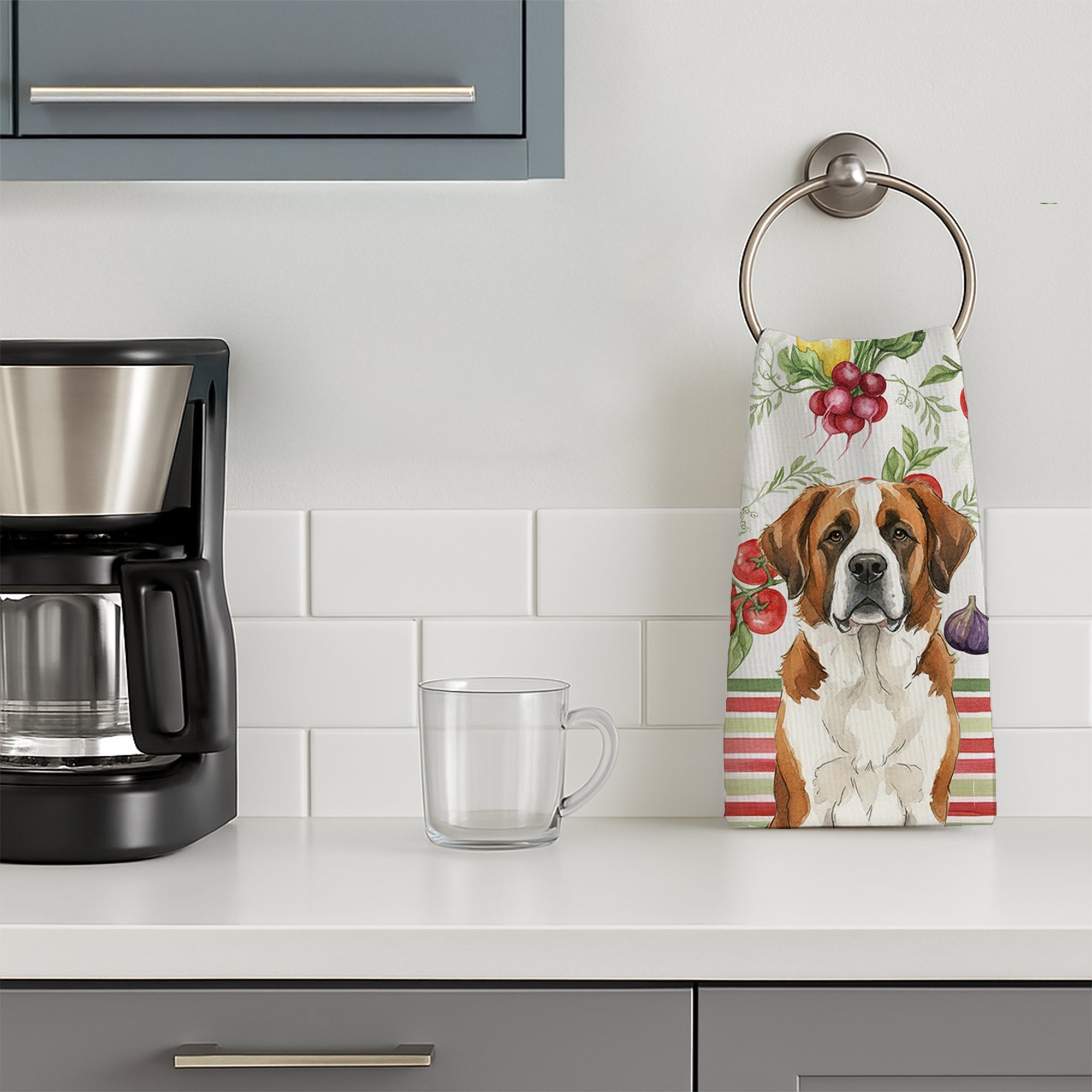 Brown and White Saint Bernard Vegetables Kitchen Towel Velour Plush Front and Cotton Loop Back Machine Washable