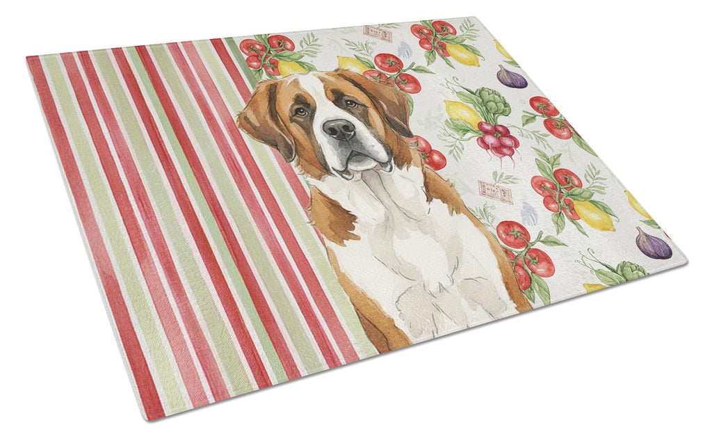 Brown and White Saint Bernard Vegetables Cutting Board Tempered Glass Kitchen Cutting Surface, Heat Resistant Chopping, Non-Slip Feet, Food Prep & Serving