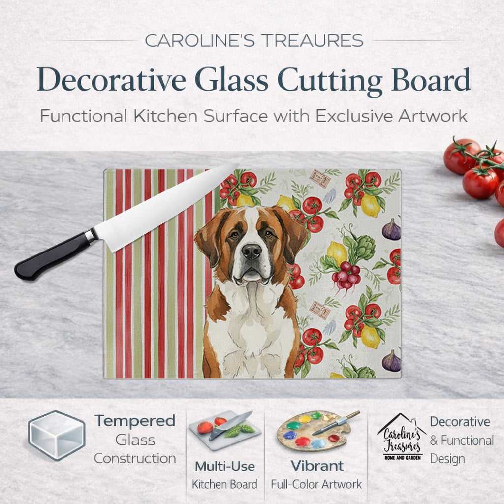Brown and White Saint Bernard Vegetables Cutting Board Tempered Glass Kitchen Cutting Surface, Heat Resistant Chopping, Non-Slip Feet, Food Prep & Serving